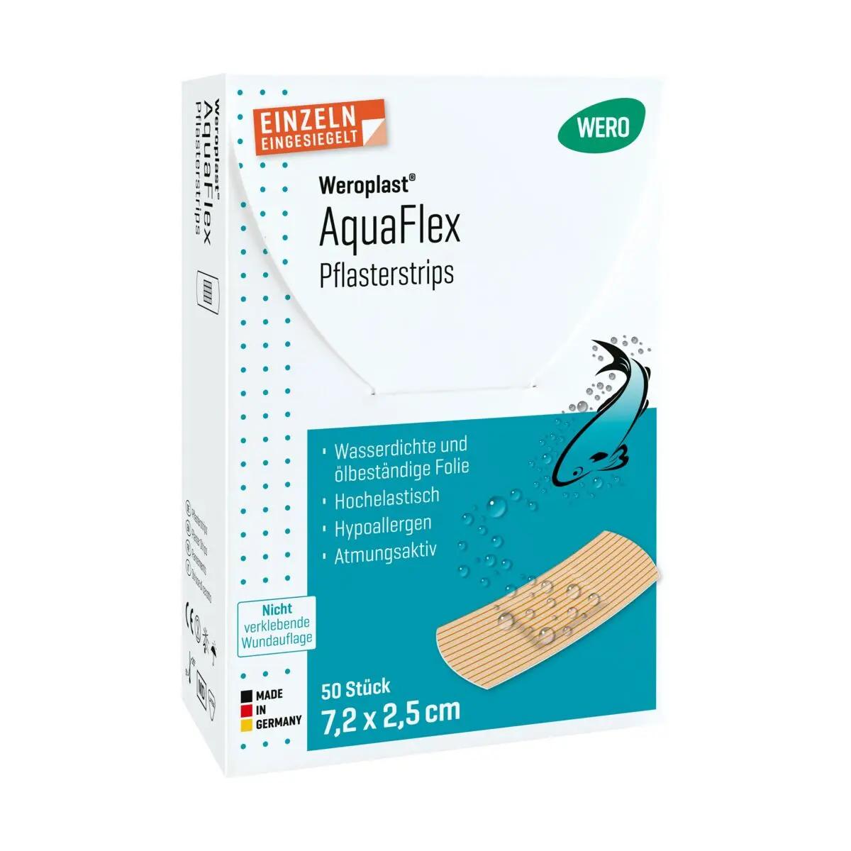 Weiße Box mit blauer Aufschrift „AquaFlex“ von WERO, hypoallergen, 7,2 x 2,5 cm, wasserdichte und ölbeständige Pflaster für Kinder.