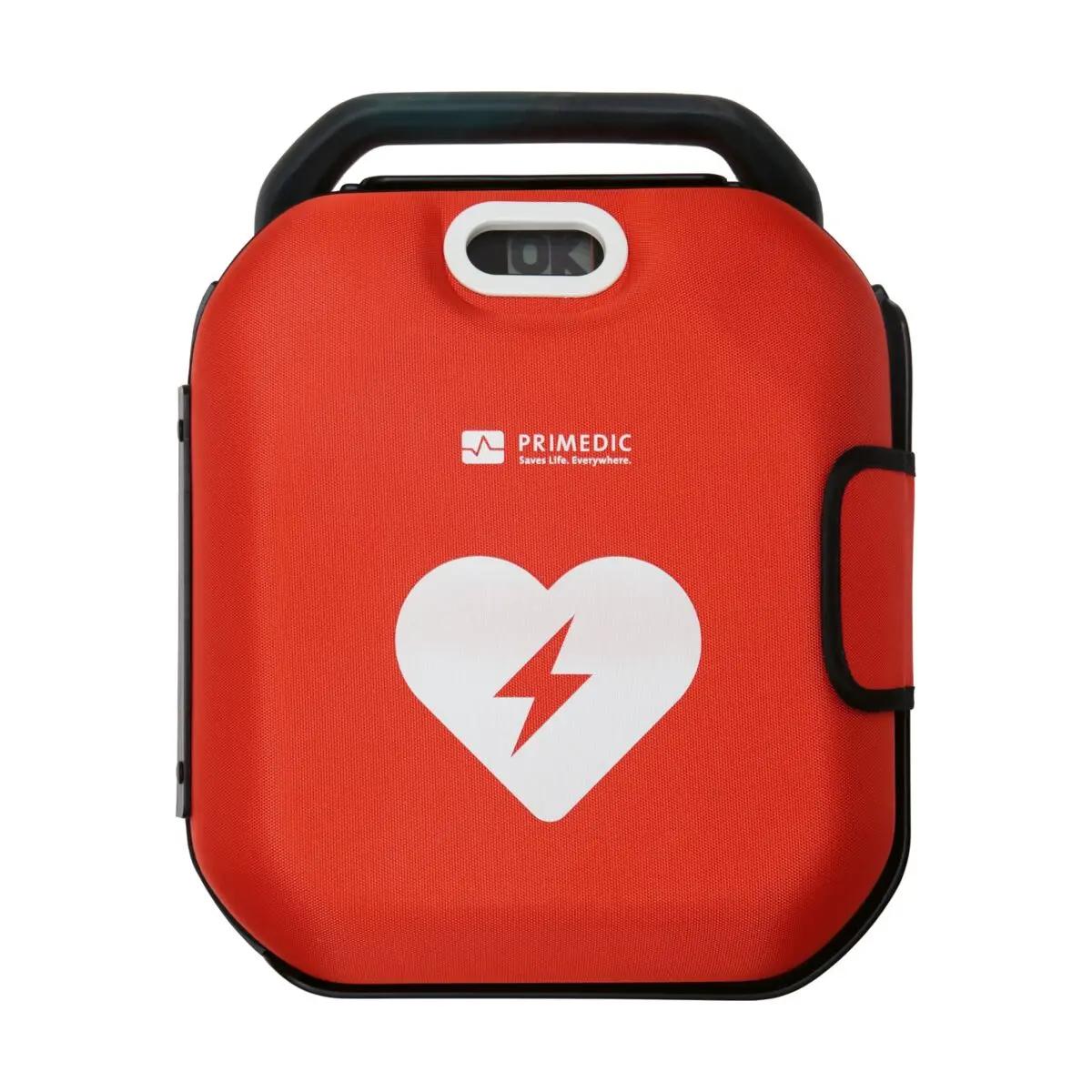 Robuste Tasche für Defibrillator PRIMEDIC HeartSave Y/YA mit geprägtem Defibrillator-Symbol, schwarzem Griff und Kontrollfenster auf einer Hartschale.