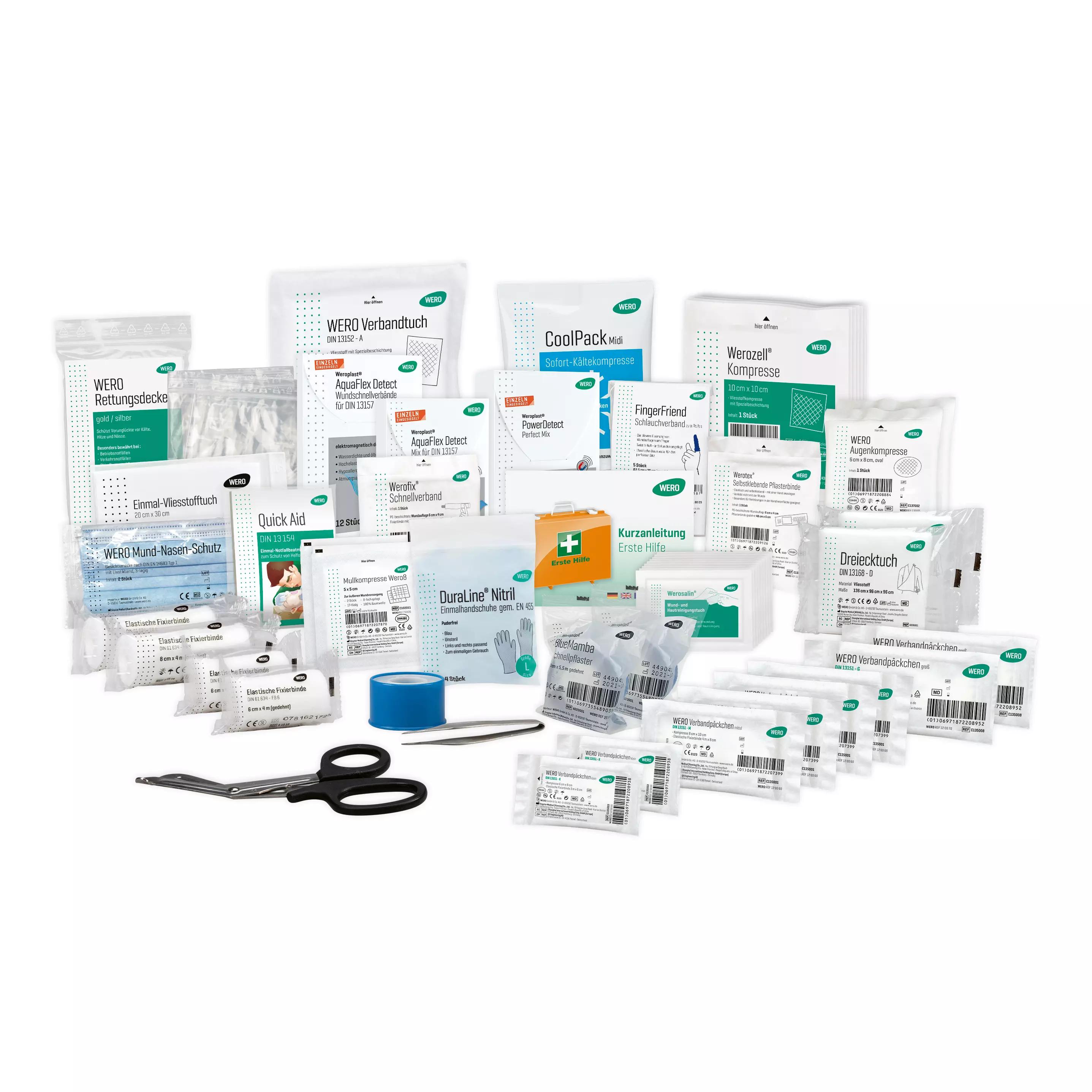 Steril verpackte WERO Füllung DIN 13157 Allround, detektierbar mit Schnellverbänden, Schlauchverbänden für Finger und detektierbarem Pflastersortiment.