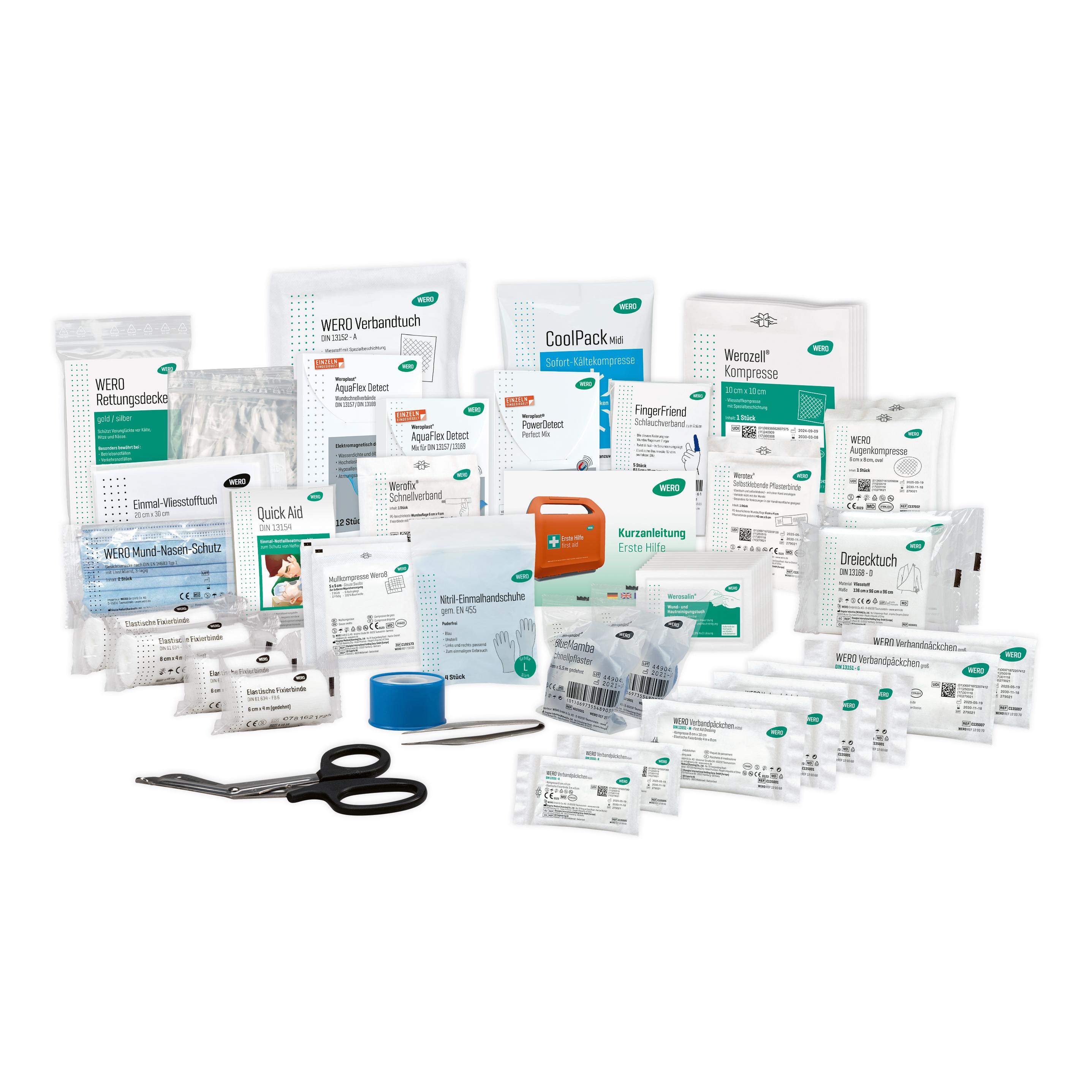Steril verpackte WERO Füllung DIN 13157 Allround, detektierbar mit Schnellverbänden, Schlauchverbänden für Finger und detektierbarem Pflastersortiment.