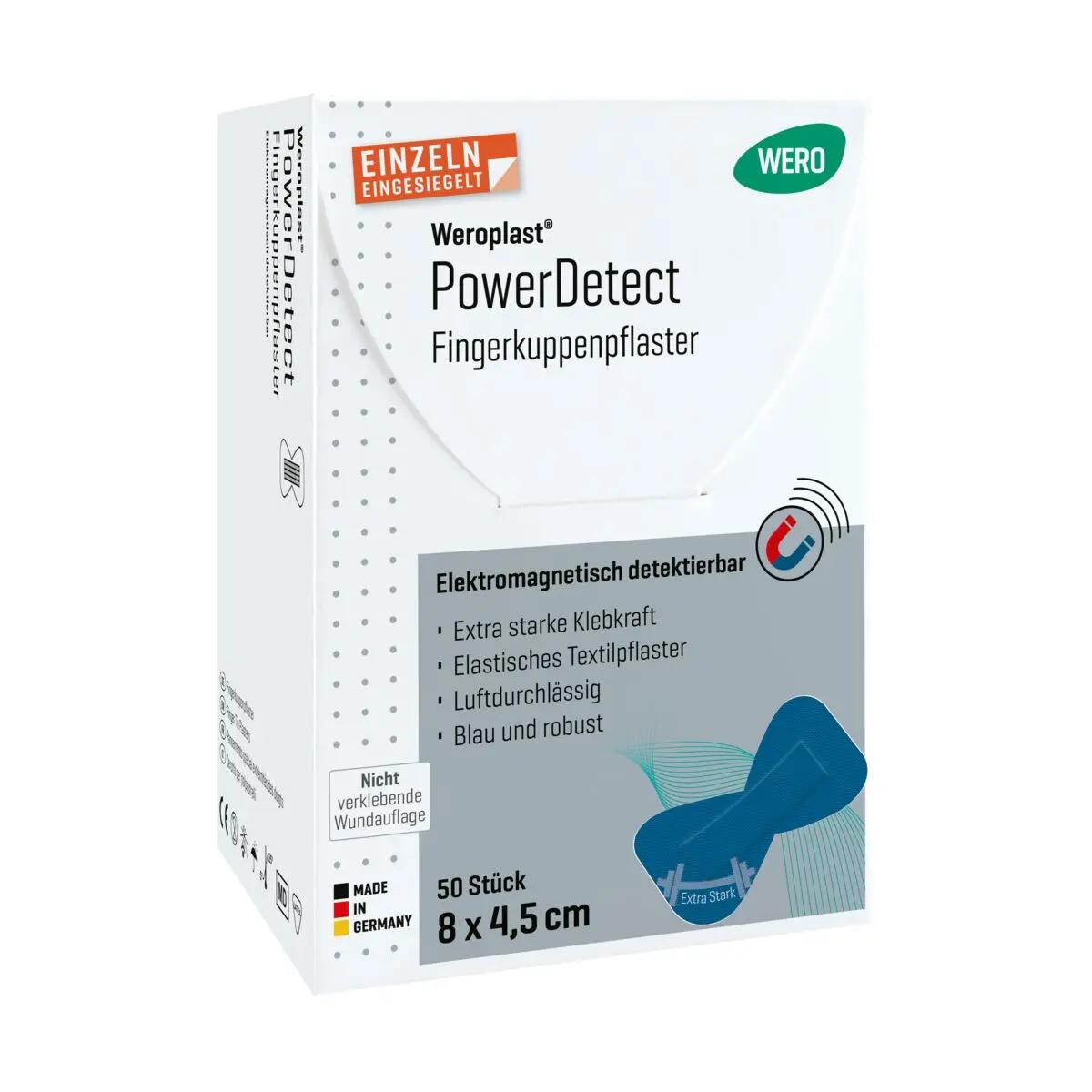 Weiße Verpackung des Fingerkuppenpflaster Weroplast® PowerDetect, 50 Stk mit blauer Illustration, Aluminiumstreifen und 8 x 4,5 cm Angabe.