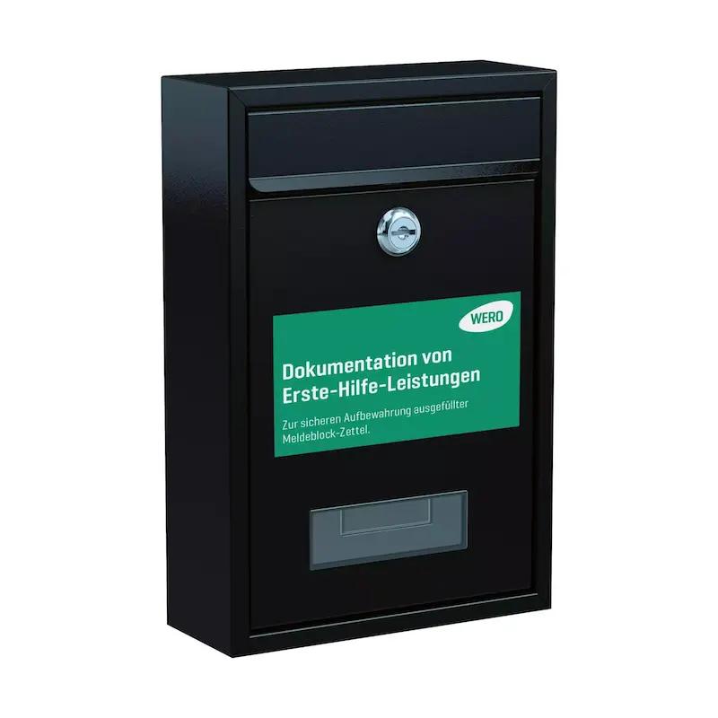Schwarzer Metall-Briefkasten mit silbernem Schloss, grünem deutsch-englischem Infokleber und WERO-Logo für Dokumentenabgabe.