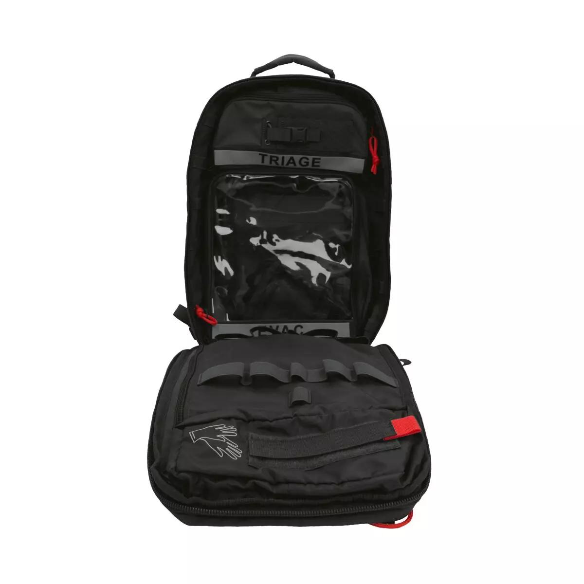 Schwarzer TT Medic Mascal Pack mit vier IFAK-Pouches vorn, klar abgetrennten Fächern und MOLLE-Lasercut-Seitenteilen für Notfall-Einsätze.