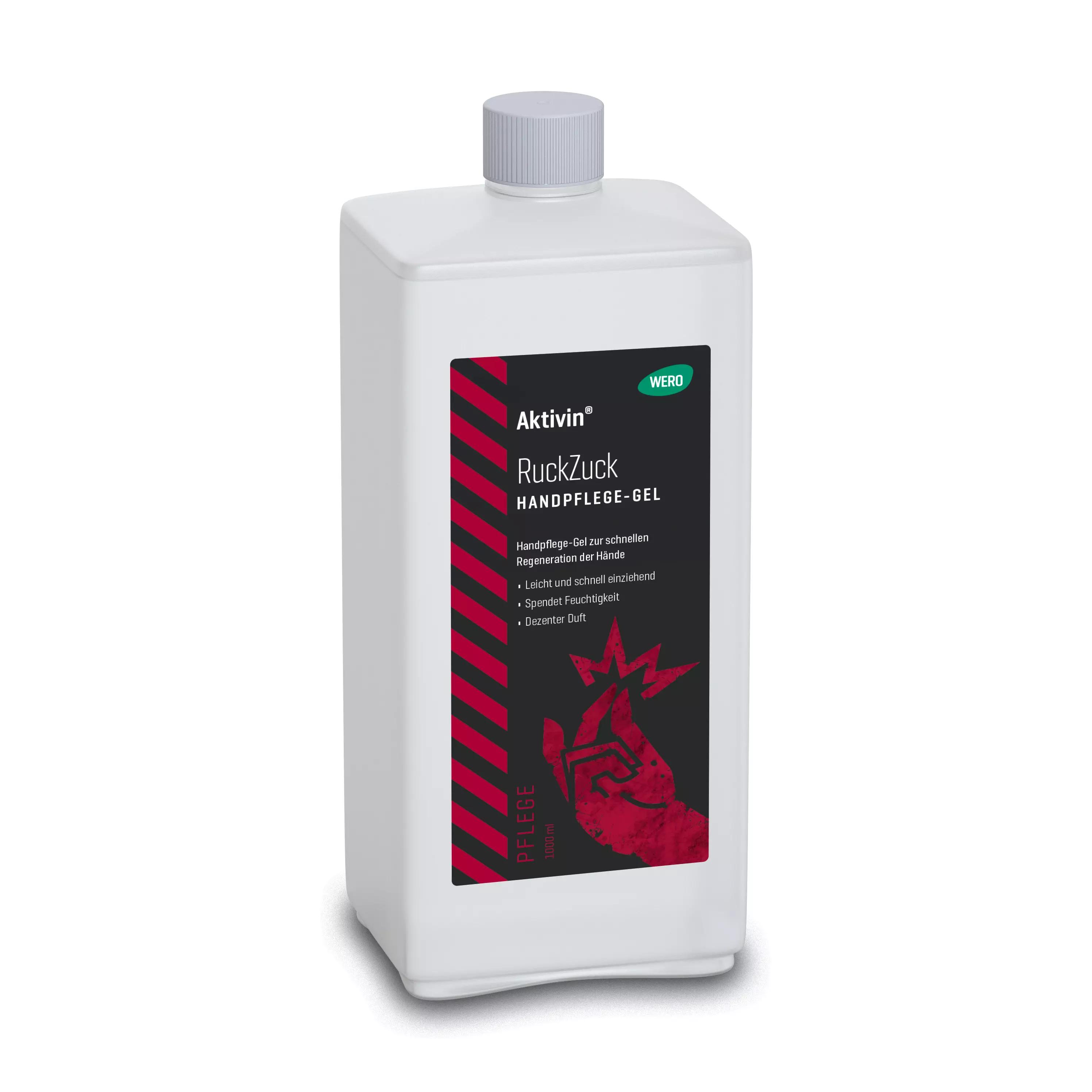 Weiße, eckige Kunststoffflasche Hautpflege-Gel Aktivin® RuckZuck mit silbernem Deckel, schwarzem Etikett und rotem Handabdruck, 1.000-ml-Größe.