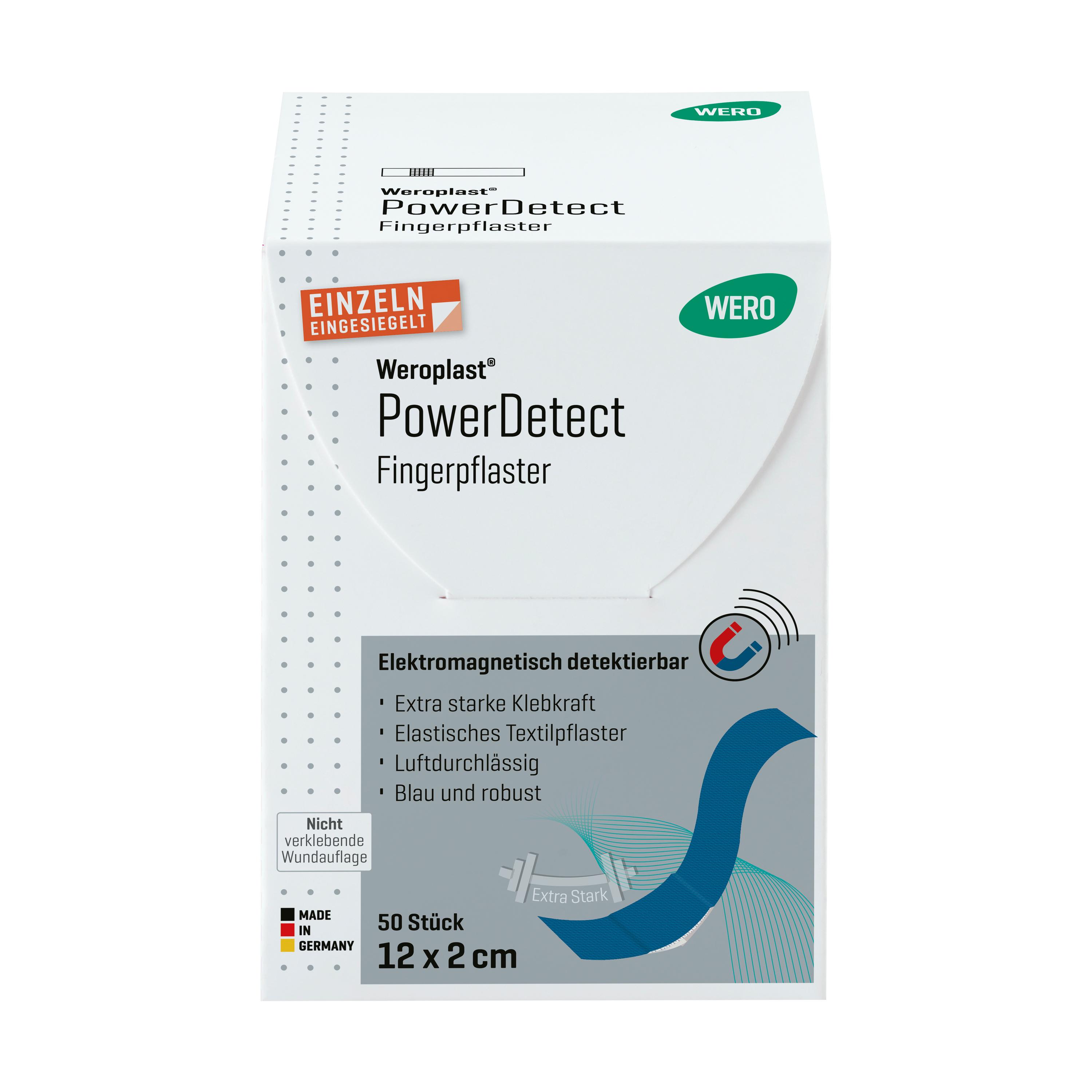 Aufrecht stehende Packung Weroplast® PowerDetect Fingerpflaster, 2 x 12 cm, mit Hinweis auf detektierbares, elastisches Textilgewebe und Aluminiumstreifen.