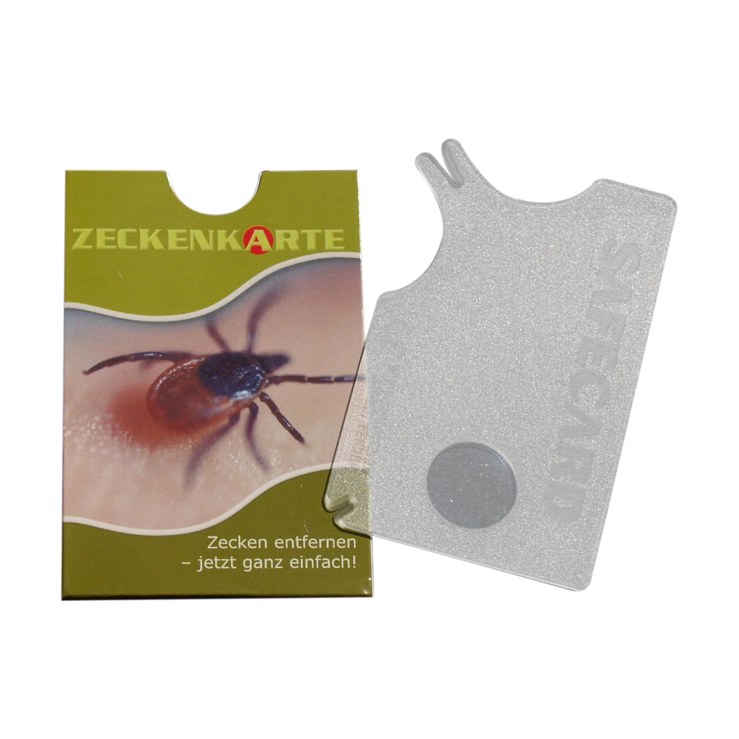 Zeckenkarte mit Lupe aus transparentem Kunststoff im Scheckkartenformat, mit integrierter Lupe und robuster, langlebiger Ausführung.