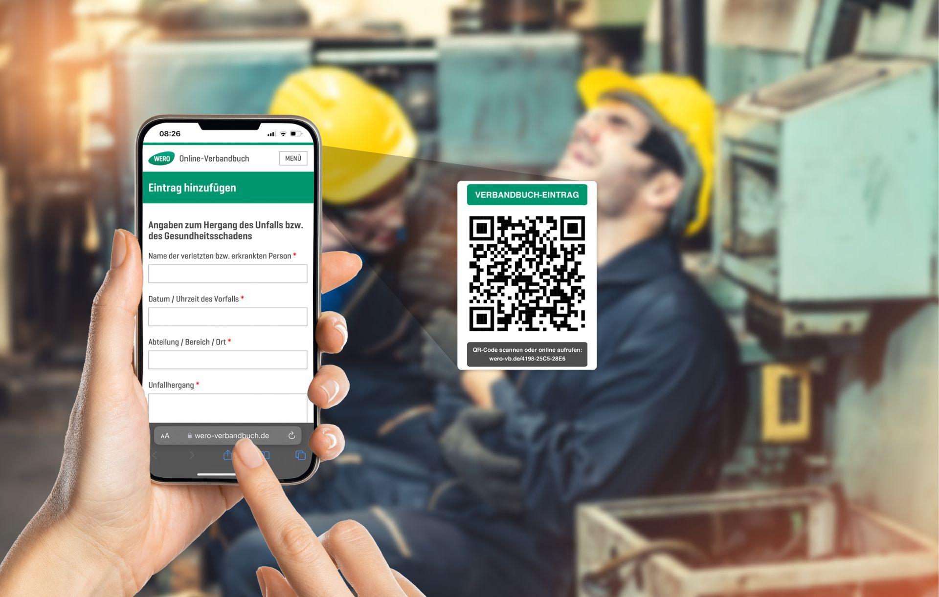 Eine Hand hält ein Smartphone mit geöffneter Anmeldeformular-App in Deutsch und Englisch, QR-Code und der Website www.verbandbuch.de.