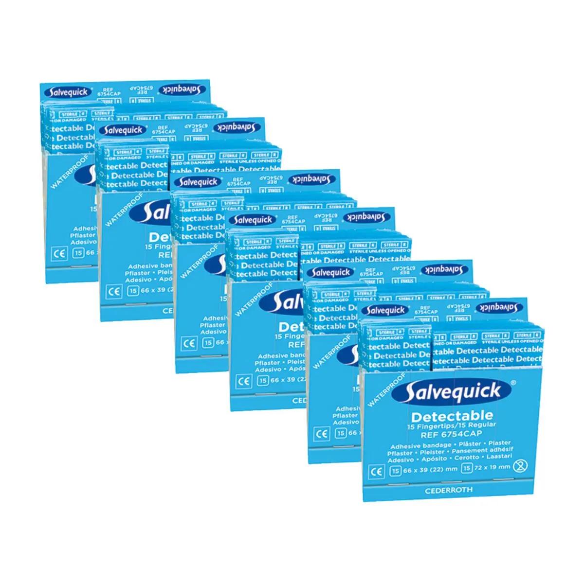 Sechs blaue Salvequick® Pflasterstrips/Fingerkuppenpflaster Refill-Boxen, detektierbar, wasserabweisend und einfach mit einer Hand entnehmbar, nebeneinander angeordnet.