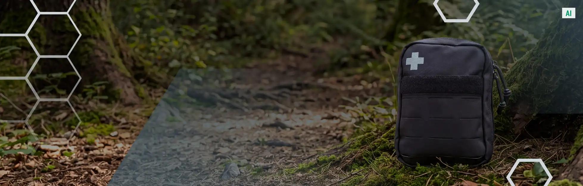 Schwarzer Notfallrucksack mit weißem Kreuz steht auf vermoostem Waldboden nahe einem Bachlauf und umgeben von Laub und Moos.