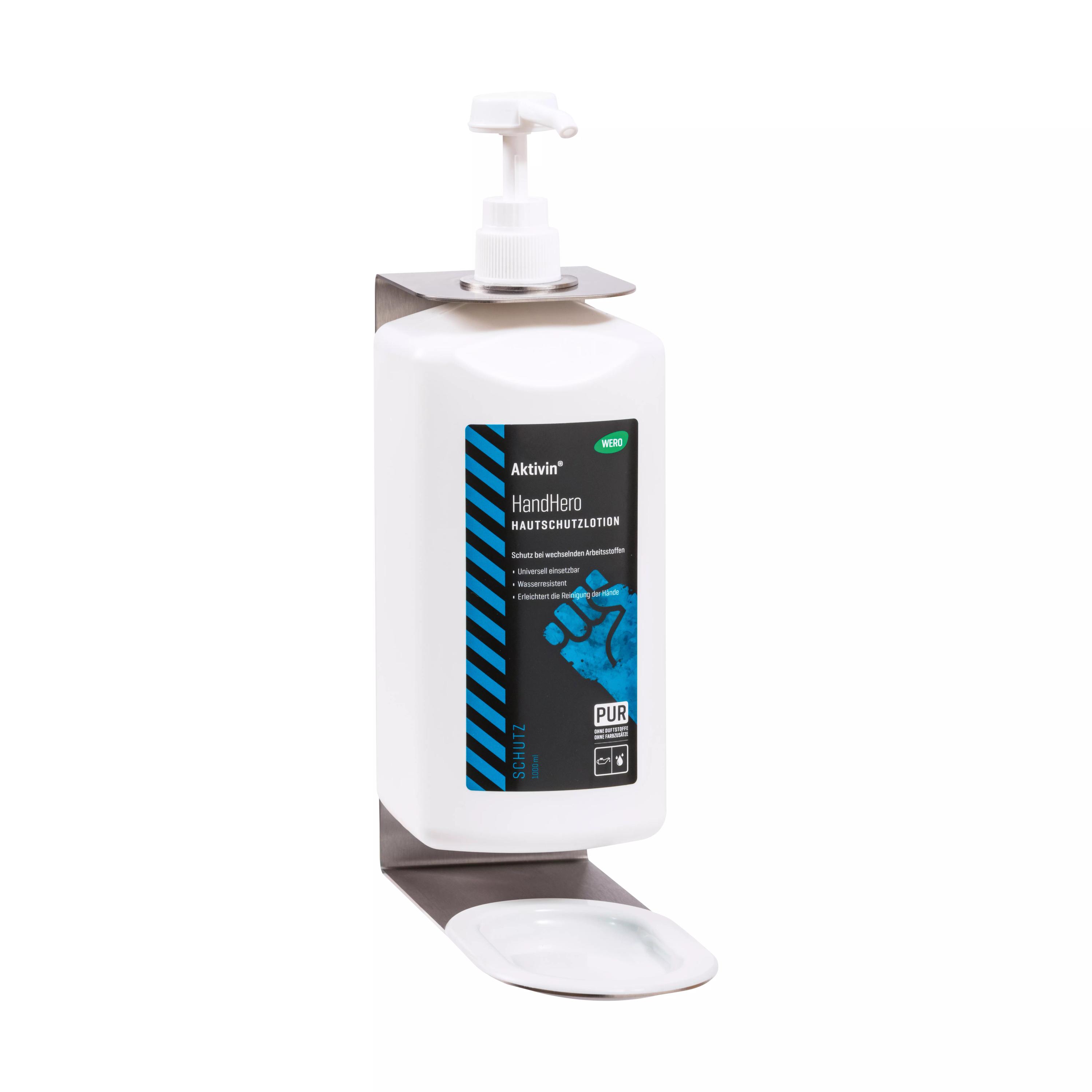 Weißer WERO Flaschenhalter für 500 / 1000 ml Euroflaschen mit Pumpvorrichtung und integrierter Seifenablage, stabil und rechteckig geformt.