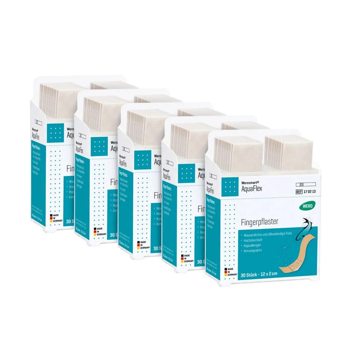 Mehrere Werosmart® AquaFlex Pflasterspender-Einsätze Fingerpflaster-Boxen, rechteckig, mit englisch-deutscher Beschriftung und sichtbaren Produktangaben nebeneinander angeordnet.