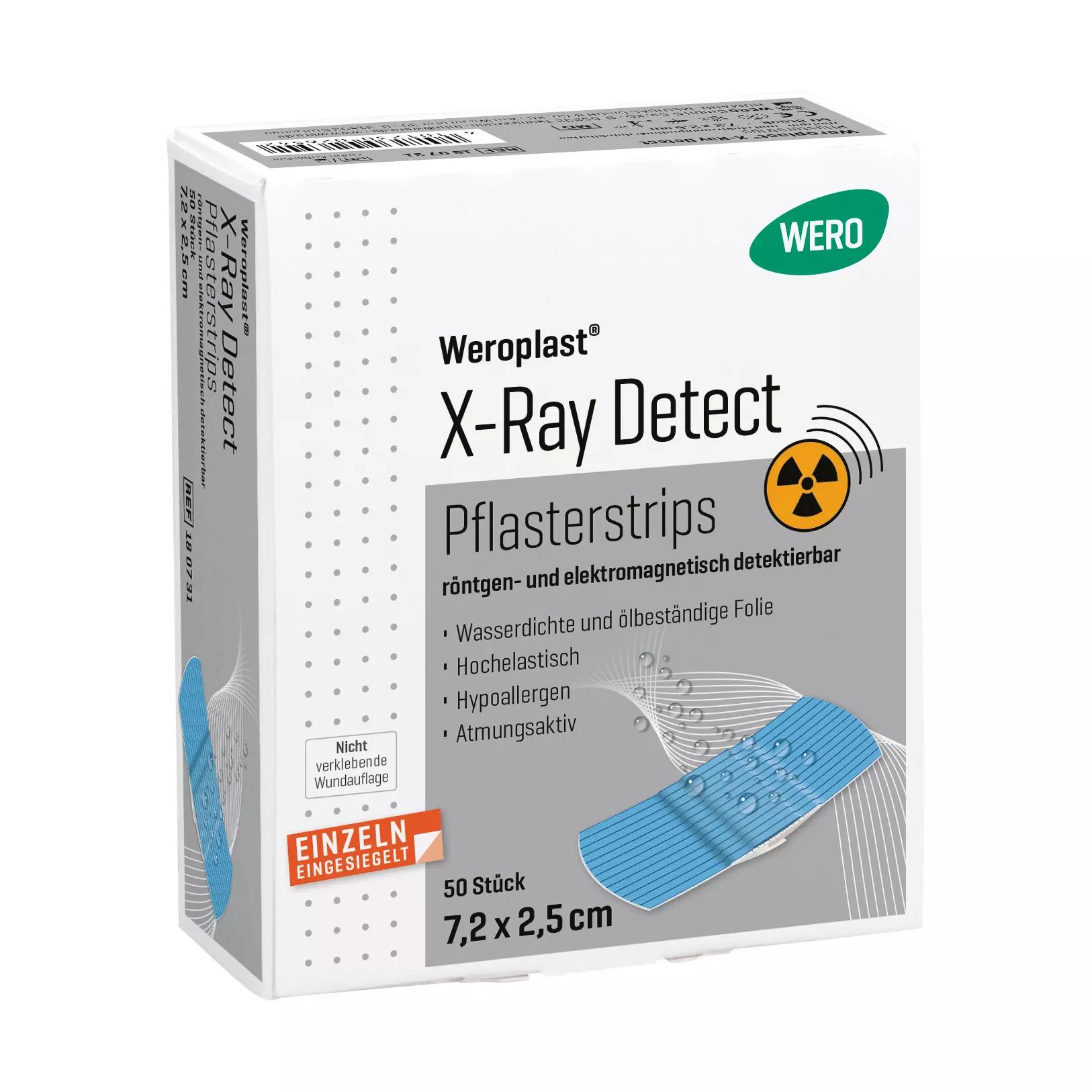 Eine weiße Box mit grünem Etikett enthält blaue Pflasterstrips Weroplast® X-Ray Detect, 7,2 x 2,5 cm, für Röntgen- und Metalldetektion.