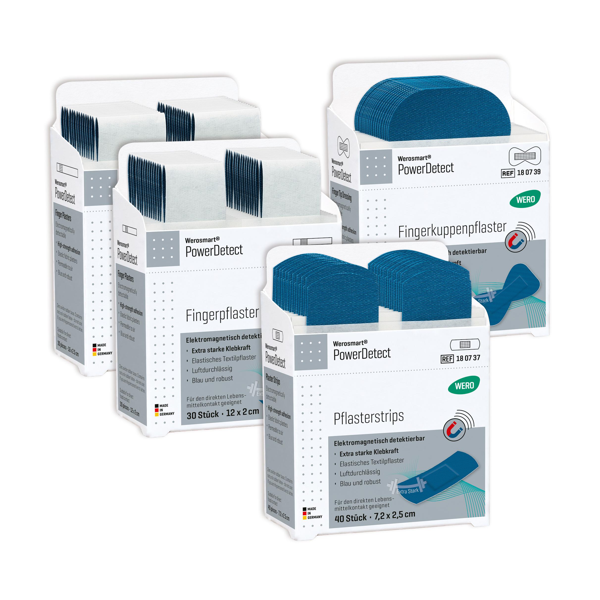 Vier Boxen Werosmart® PowerDetect Pflasterspender-Einsätze Fingerpflaster mit blauen, detektierbaren Pflastern und extra starker Klebkraft in zwei Reihen angeordnet.