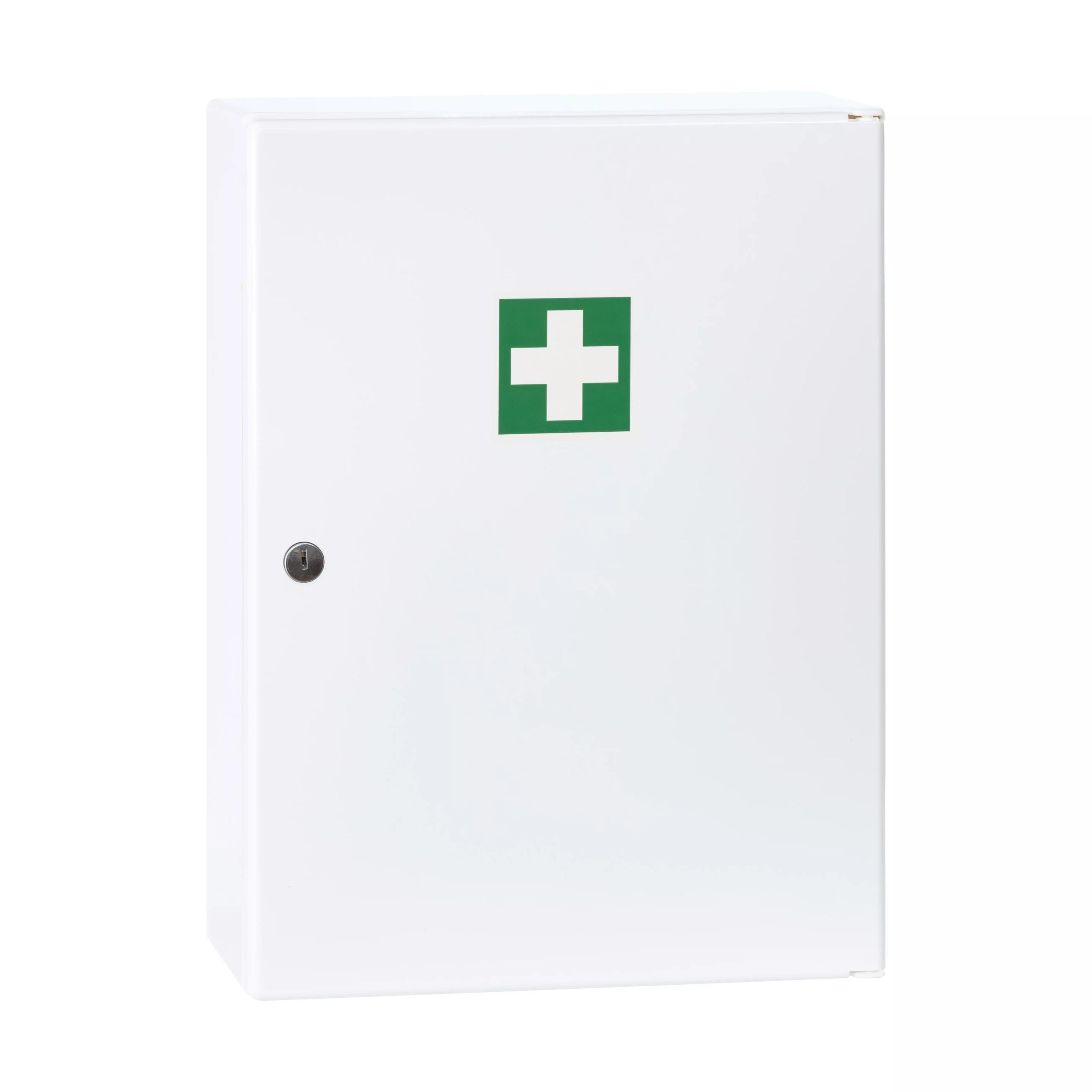 WERO Verbandschrank M1Trio, weißer Kunststoffschrank mit grünem Kreuz, geschlossen, modern, mit schwarzem Knauf auf der linken Seite.