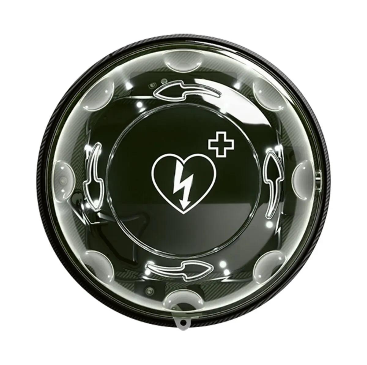 Wandkasten Rotaid Solid Plus – inkl. Alarm und Außenheizung, rundes Gehäuse mit transparentem Deckel, sichtbarem AED-Symbol und Drehmechanismus.