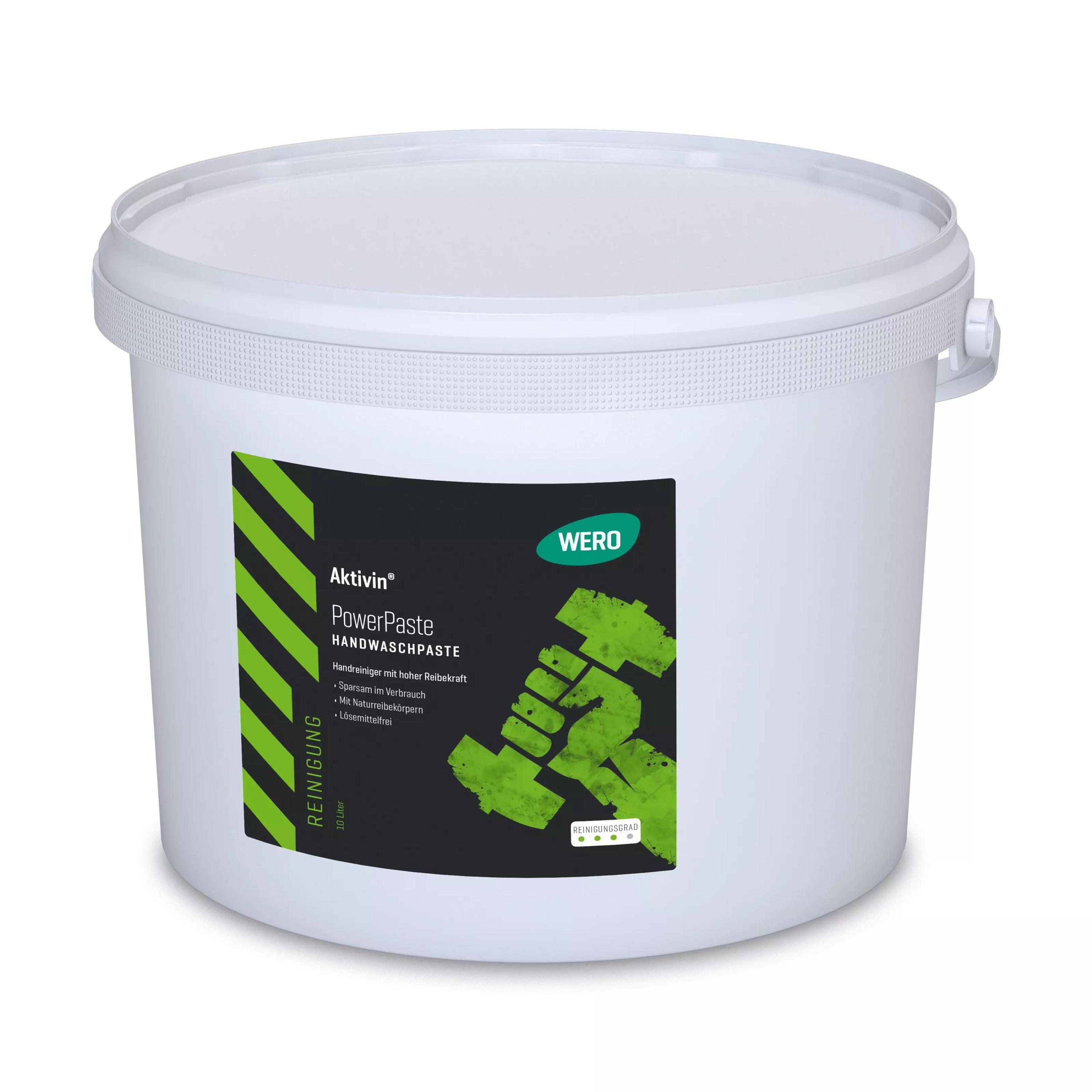 Weißer Eimer Handwaschpaste Aktivin® PowerPaste, 10 Liter, mit Deckel und Griff, beschriftet für starke Handreinigung mit hautschonenden Naturreibekörpern.
