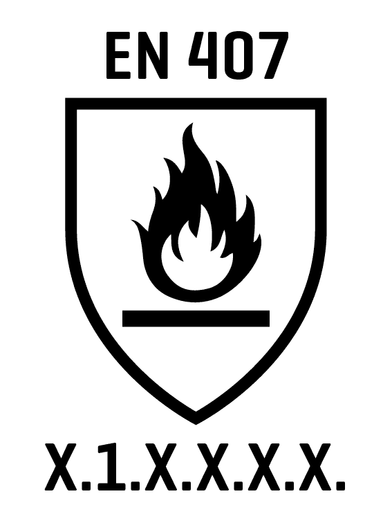 Schwarzes Flammensymbol mit fünf Spitzen auf weißem Schild, darunter ein waagerechter Balken