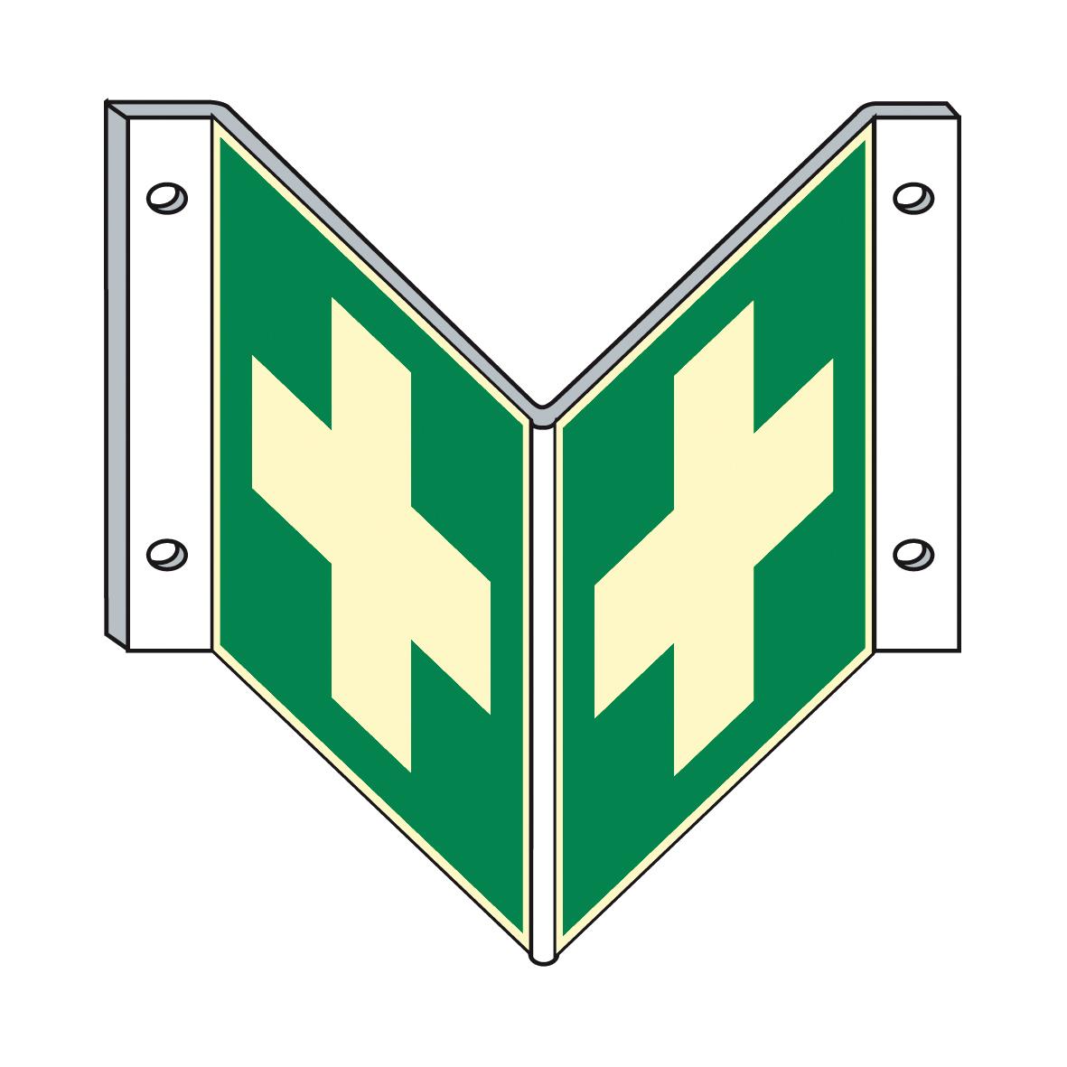 Rettungszeichen - Erste Hilfe - Winkel mit grünem und weißem Kreuz, zwei montierbaren V-förmigen Tafeln und zwei Befestigungslöchern.