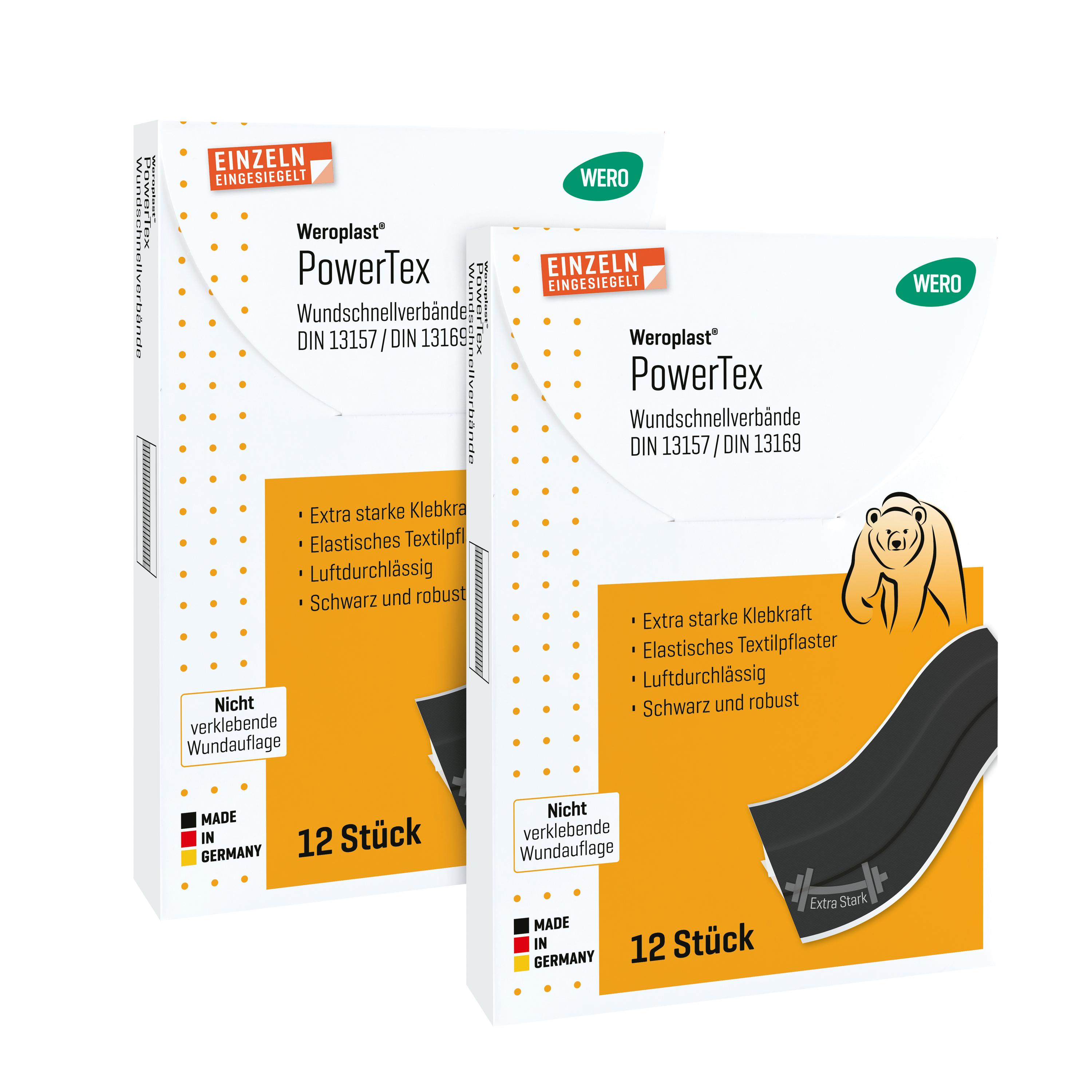 Zwei Verpackungen Weroplast® PowerTex Pflaster - Wundschnellverbände DIN 13169 mit extra starker Klebkraft, schwarzem Textilgewebe und elastischen Pflastern.