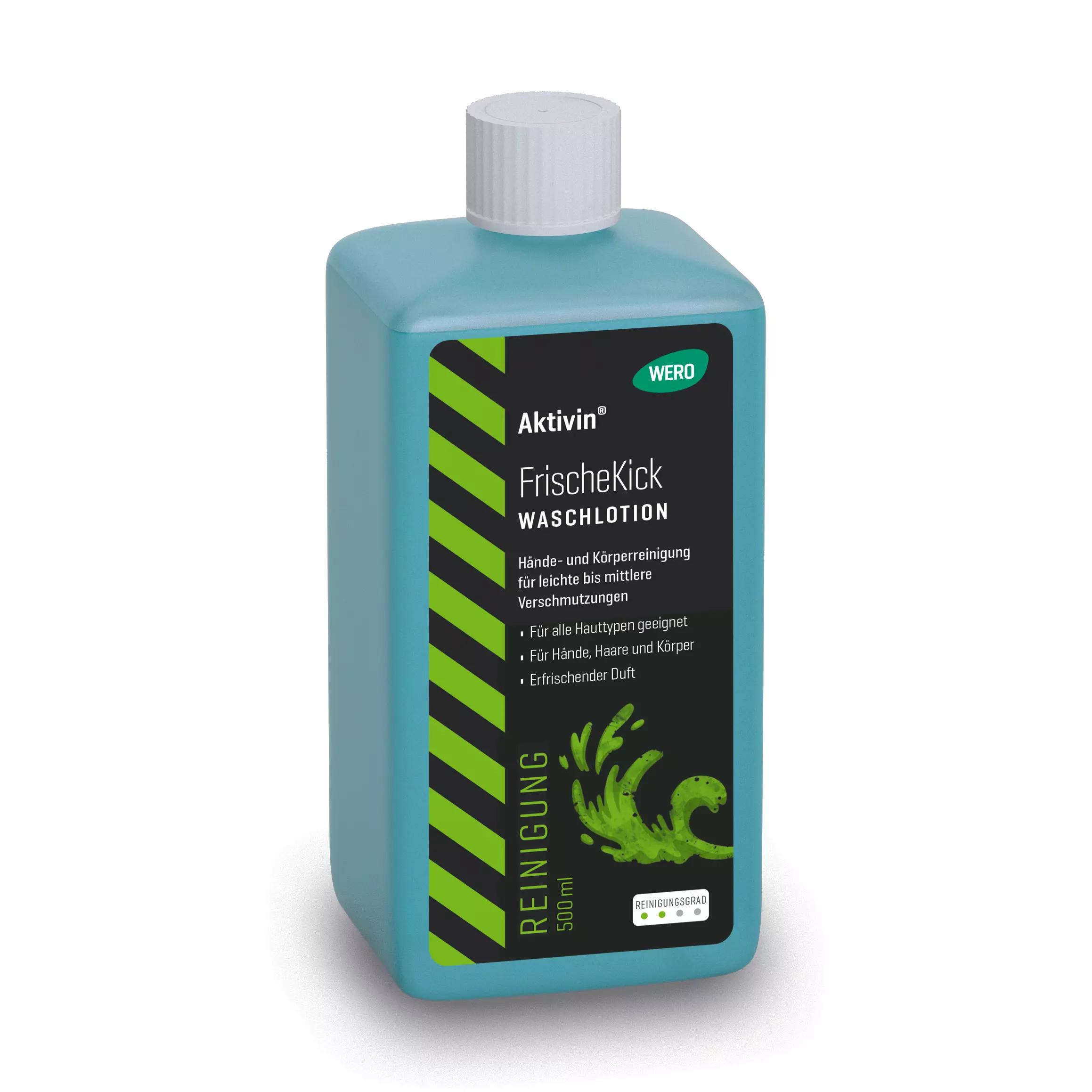 Eine blaue Flasche Waschlotion Aktivin® FrischeKick mit weißem Deckel und mehrsprachigem Etikett für alle Hauttypen.