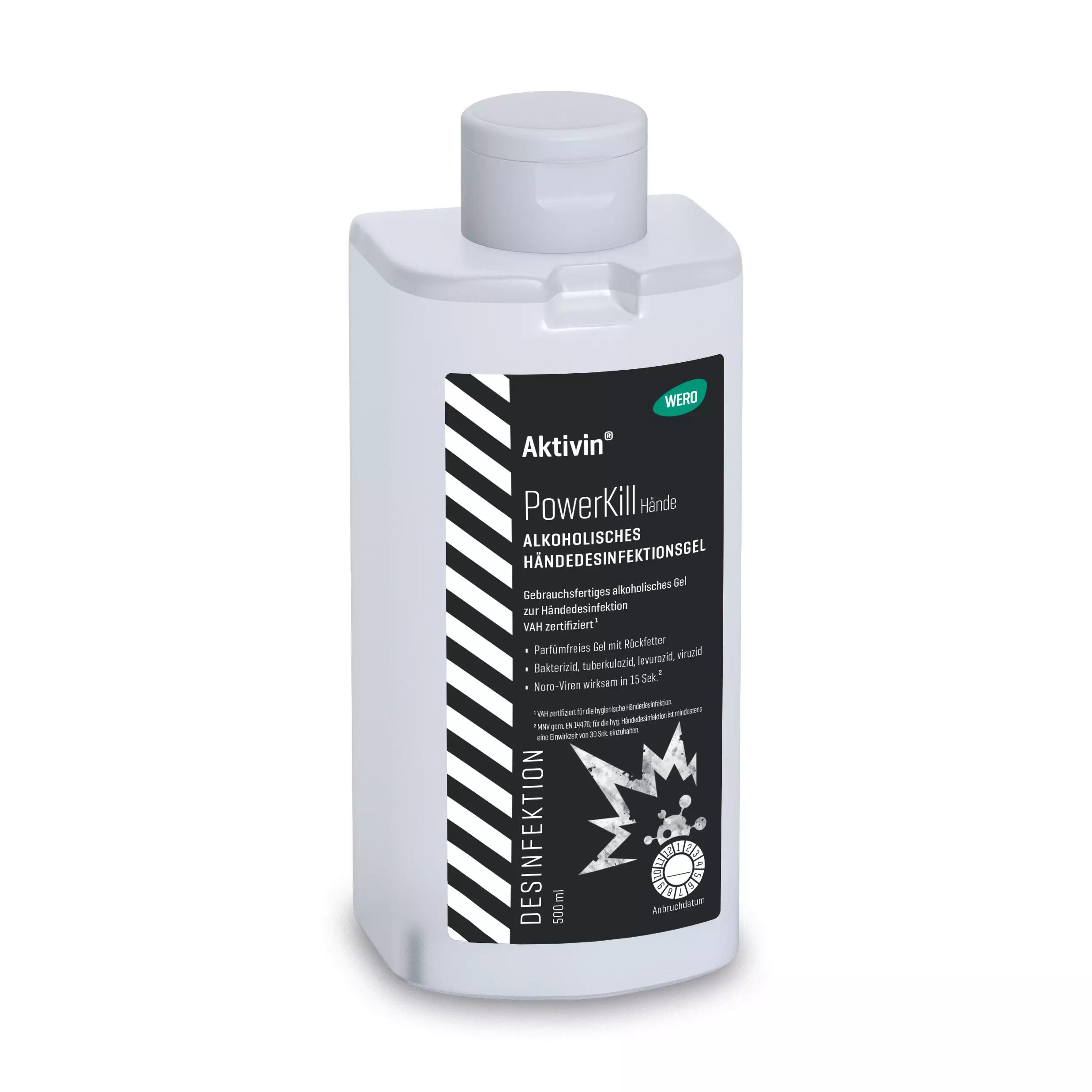 Eine weiße Euroflasche Händedesinfektionsgel Aktivin® PowerKill, 500 ml, mit praktischer Gelform und gebrauchsfertig zum Einreiben, steht aufrecht.