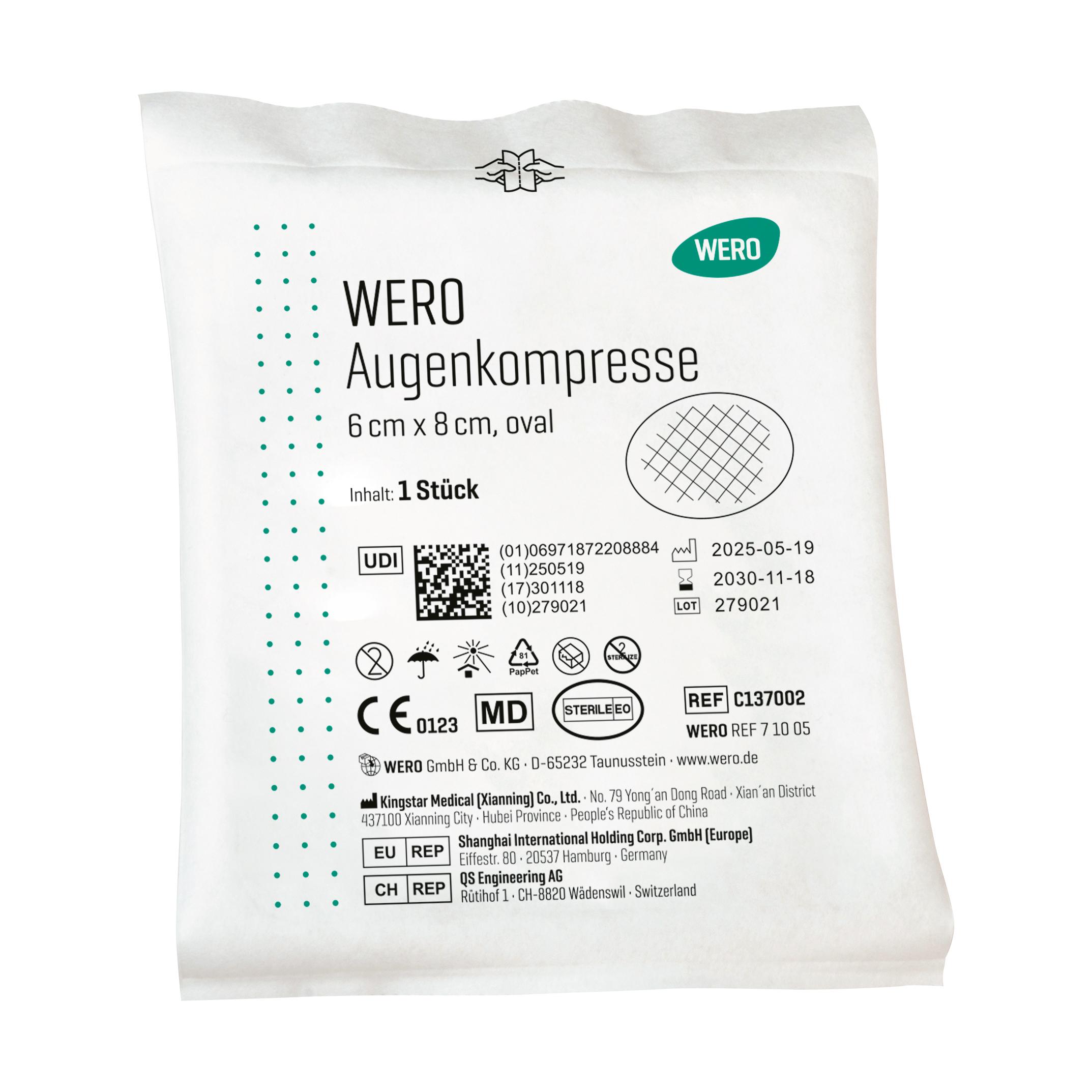 Sterile WERO Augenkompresse 6 x 8 cm, einzeln verpackt, ovale Form, mit CE-Kennzeichnung und Herstellerangaben auf der Vorderseite