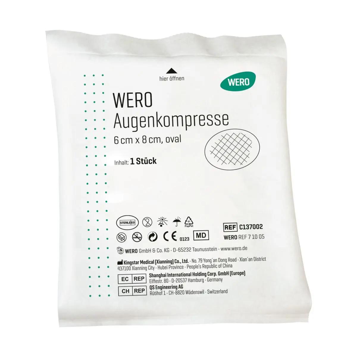 Sterile WERO Augenkompresse 6 x 8 cm, einzeln verpackt, ovale Form, mit CE-Kennzeichnung und Herstellerangaben auf der Vorderseite