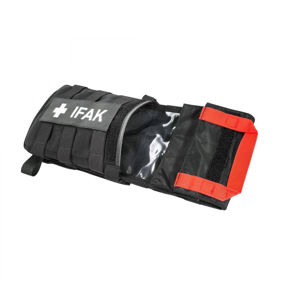 TT IFAK Pouch VL - Schwarz, geöffnet, mit rotem Griff, durchsichtigem Frontfenster und weißem Kreuz auf dem Deckel, zeigt den Innenraum.