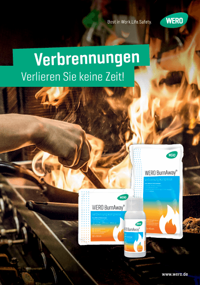 Eine Hand hält eine Pfanne über Flammen, im Vordergrund liegen zwei WERO BurnAway Verbrennungspflaster und eine kleine BurnAway Flasche.