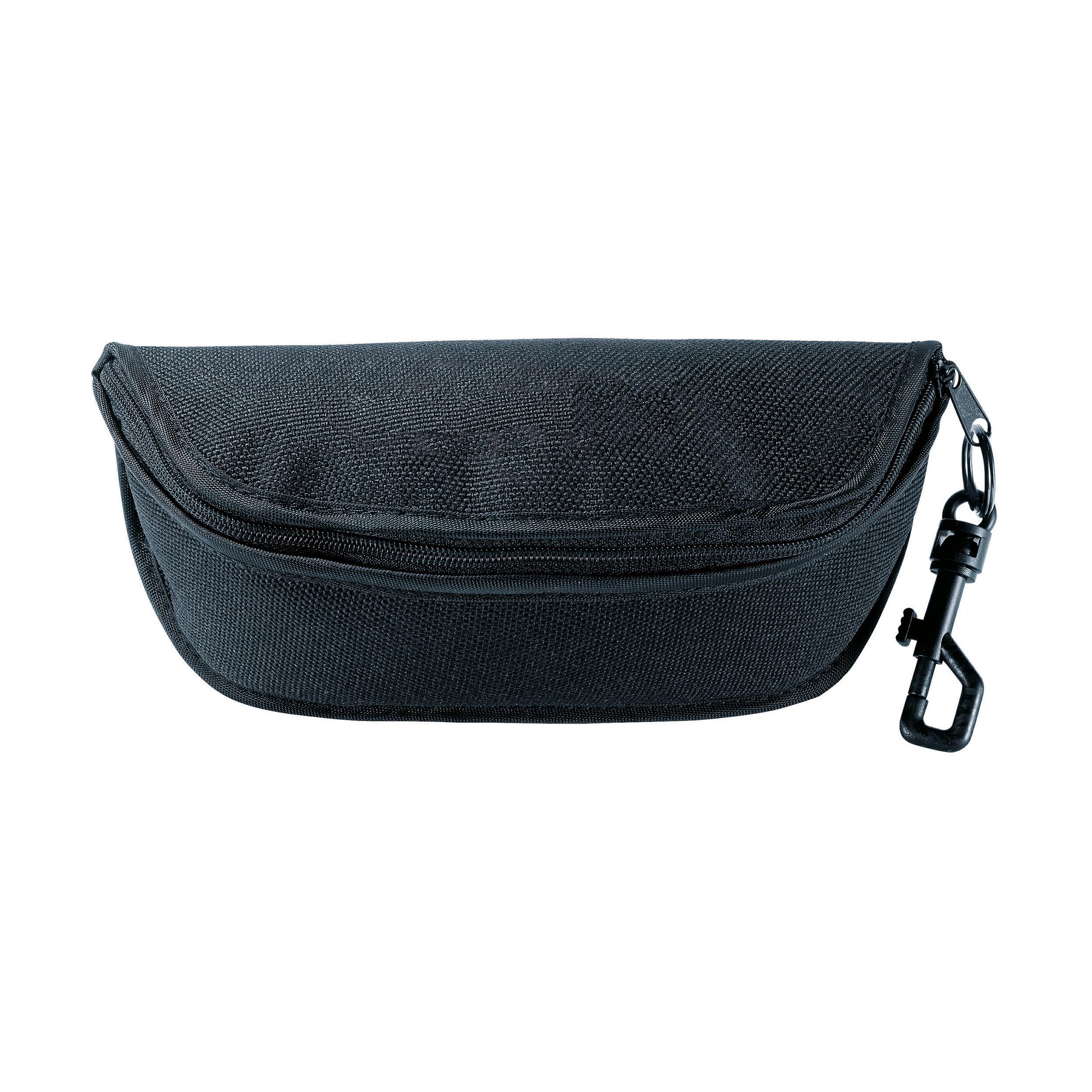 Schwarzes Brillenetui für Schutzbrille mit genarbtem Mesh-Material, geschwungenem Deckel, stabilem Reißverschluss und praktischem Karabiner.