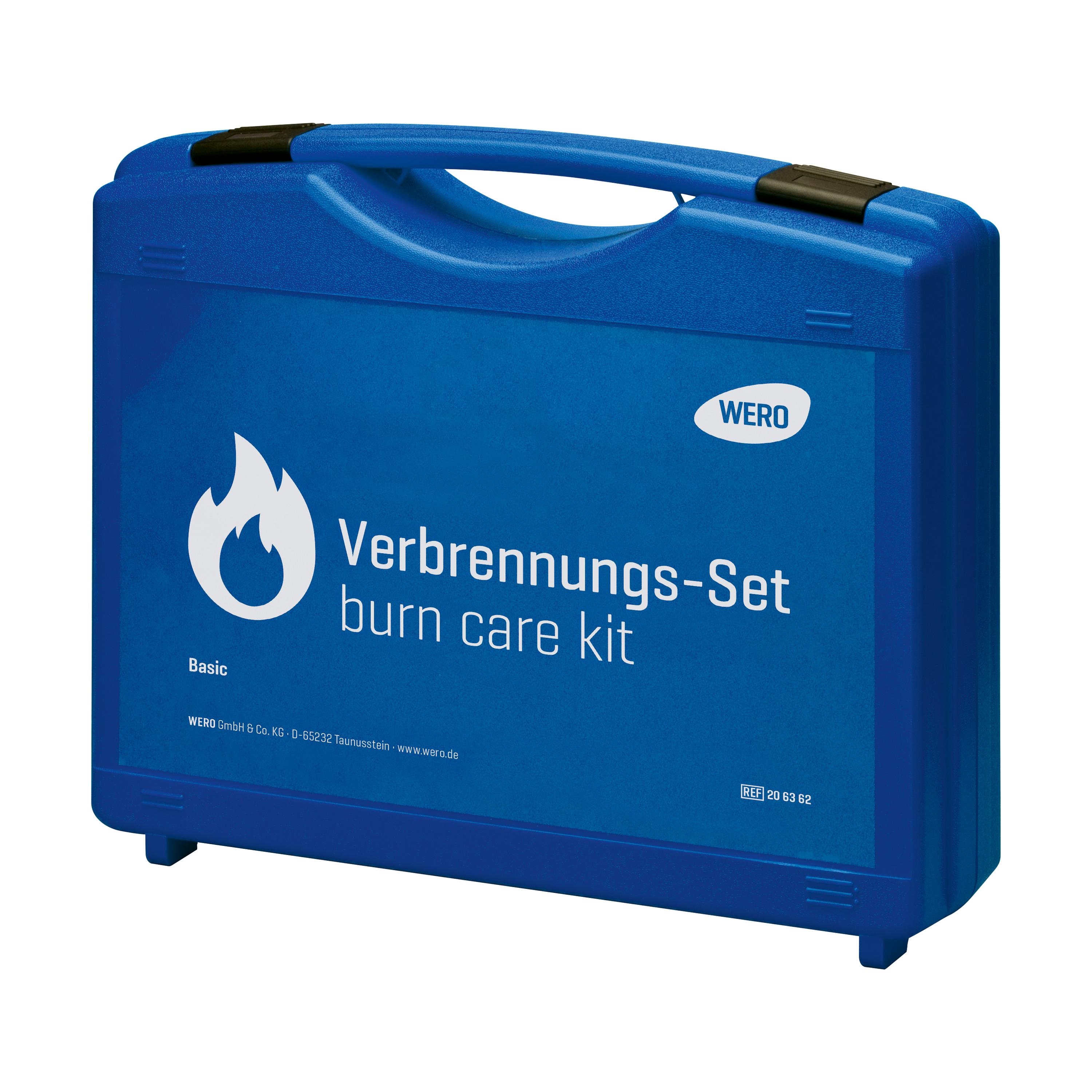 Robuster WERO Verbrennungs-Set, Basic - Koffer aus blauem Kunststoff mit schwarzem Griff und deutlichem Wasserjel-Logo auf der Vorderseite.