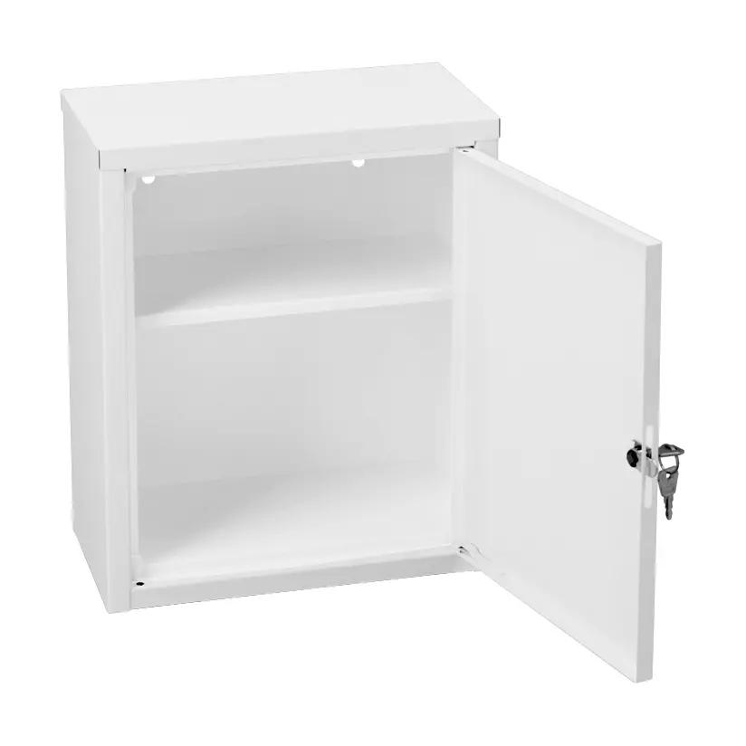 WERO Verbandschrank MiniDuo 20, leer, weißes Metall, rechteckige Form mit leicht geöffneter Tür und feststehendem Zwischenboden sichtbar.