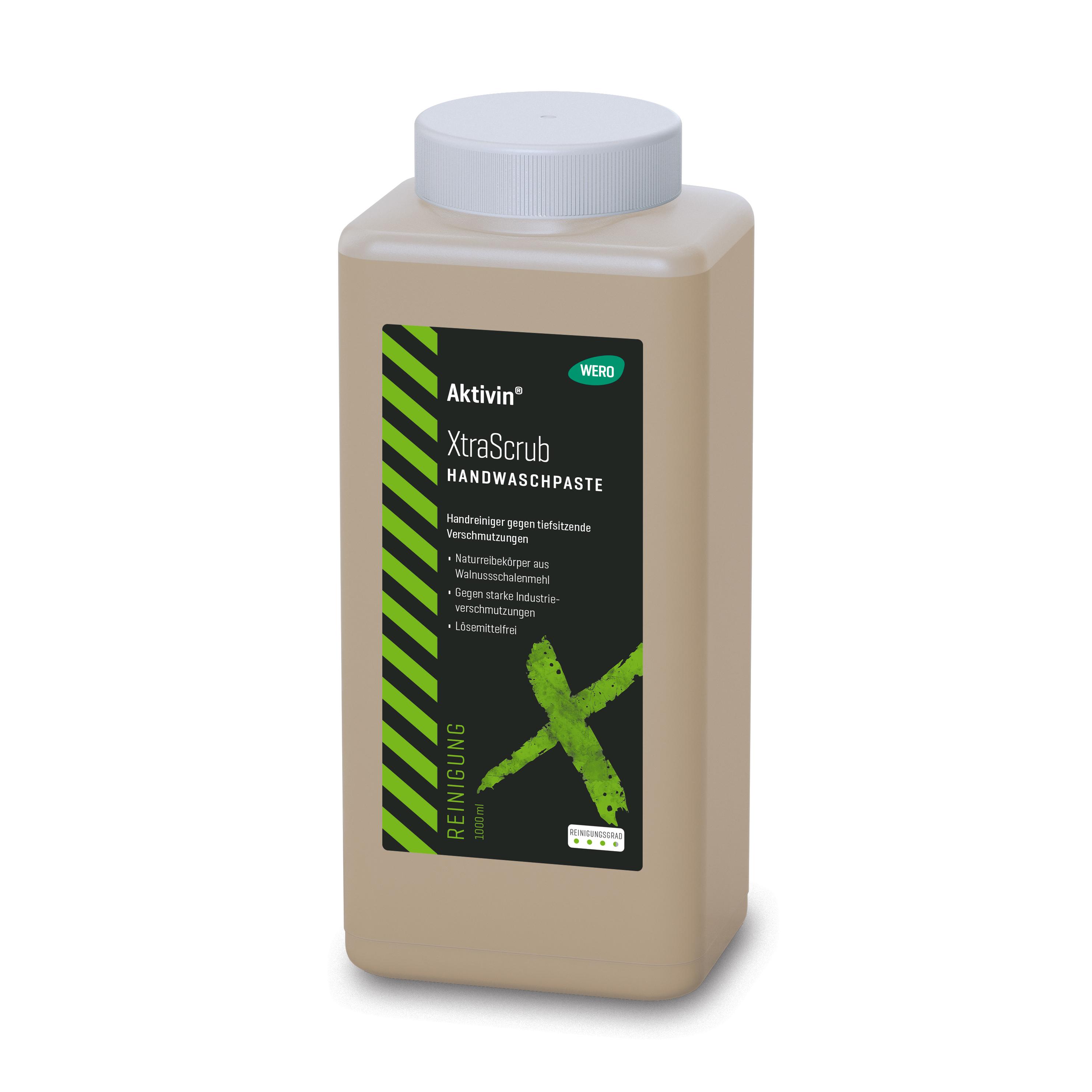 Beiger Kunststoffbehälter Hautreinigung Aktivin® XtraScrub, 1.000 ml, mit weißem Deckel und Etikett, ungeöffnet stehend.