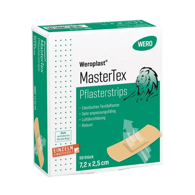 Weiße Box Weroplast MasterTex Pflasterstrips 50 Stück, 7,2 x 2,5 cm, grüne Banderole mit Löwenbild, für Wundversorgung und Blutstopp