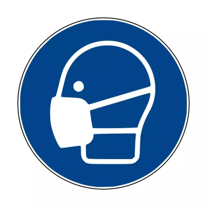Blaues Rundschild Gebotszeichen: Maske benutzen - PVC mit weißem Kopfprofil und weißer Mund-Nasen-Maske als Symbol.