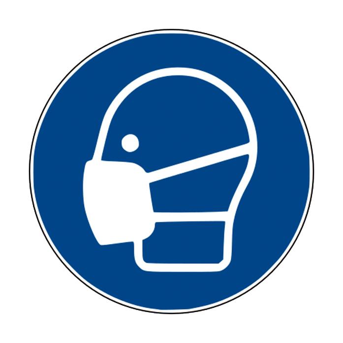 Blaues Rundschild Gebotszeichen: Maske benutzen - PVC mit weißem Kopfprofil und weißer Mund-Nasen-Maske als Symbol.