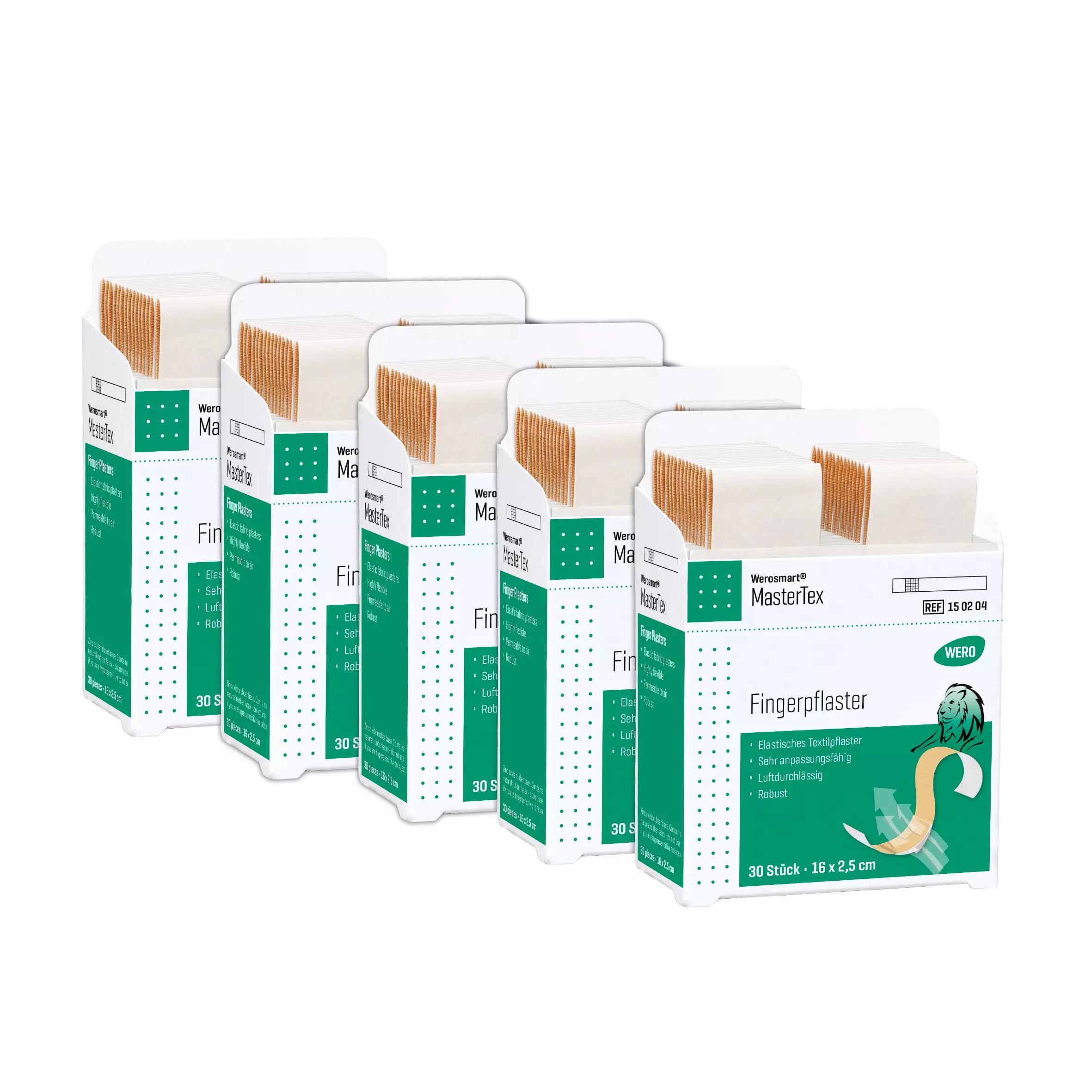 Fünf grün-weiße Werosmart® MasterTex Pflasterspender-Einsätze Fingerpflaster 16 cm, gestapelt und mit Größenangabe sowie Anwendungssymbolen auf den Boxen.