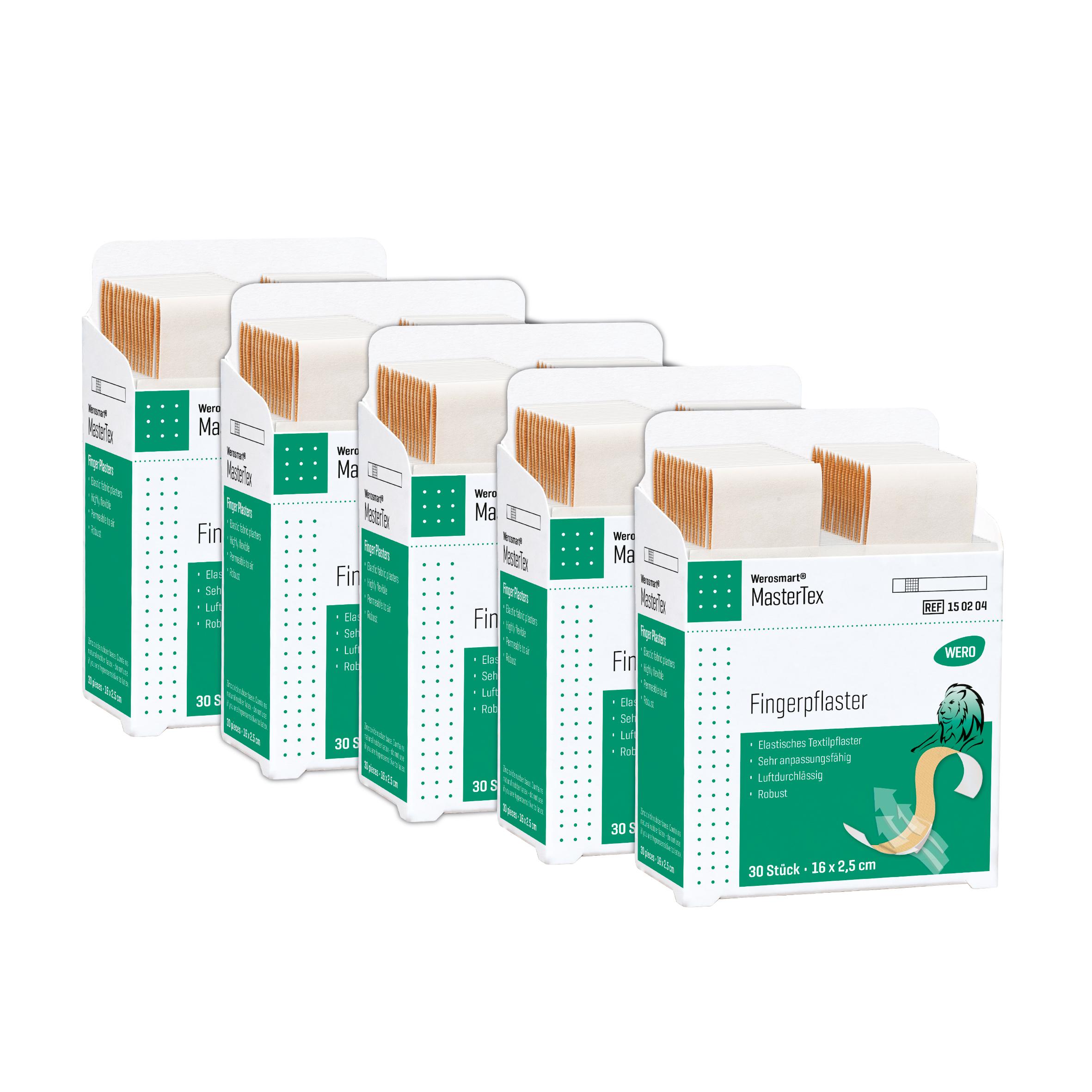 Fünf grün-weiße Werosmart® MasterTex Pflasterspender-Einsätze Fingerpflaster 16 cm, gestapelt und mit Größenangabe sowie Anwendungssymbolen auf den Boxen.