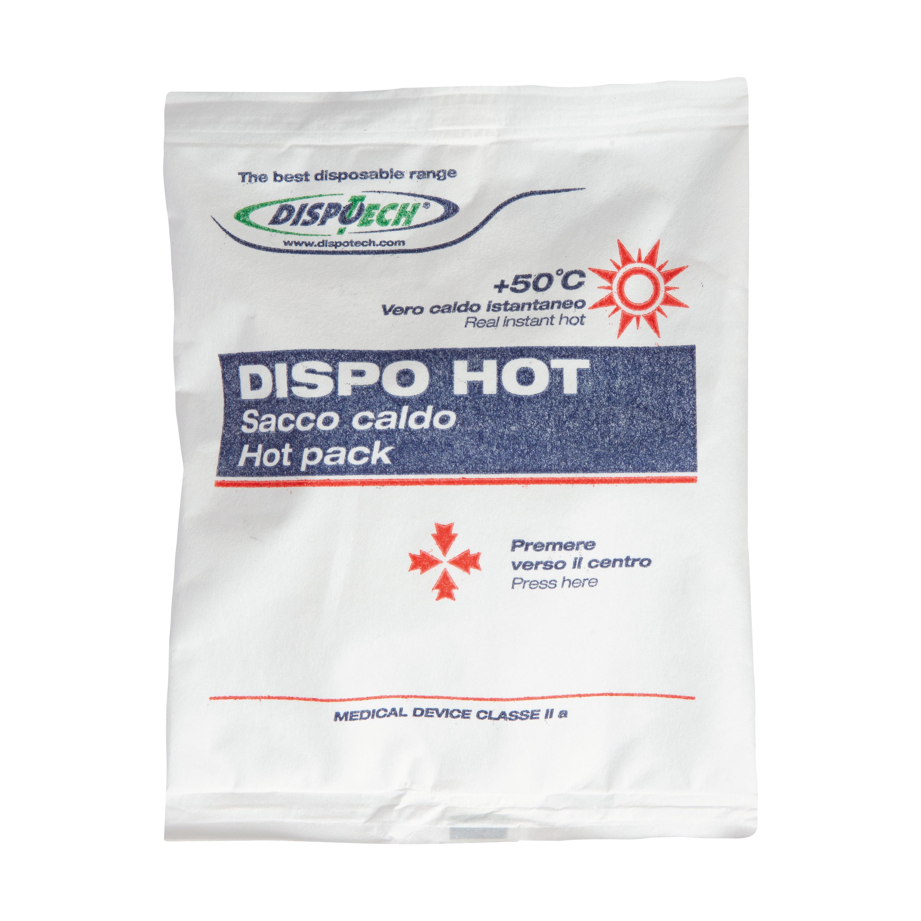 Ein Hot Pack – Einweg Wärmebeutel mit blauer und roter Aufschrift steht aufrecht, weist sekundenschnelle Aktivierbarkeit und bis zu 50°C Temperatur auf.