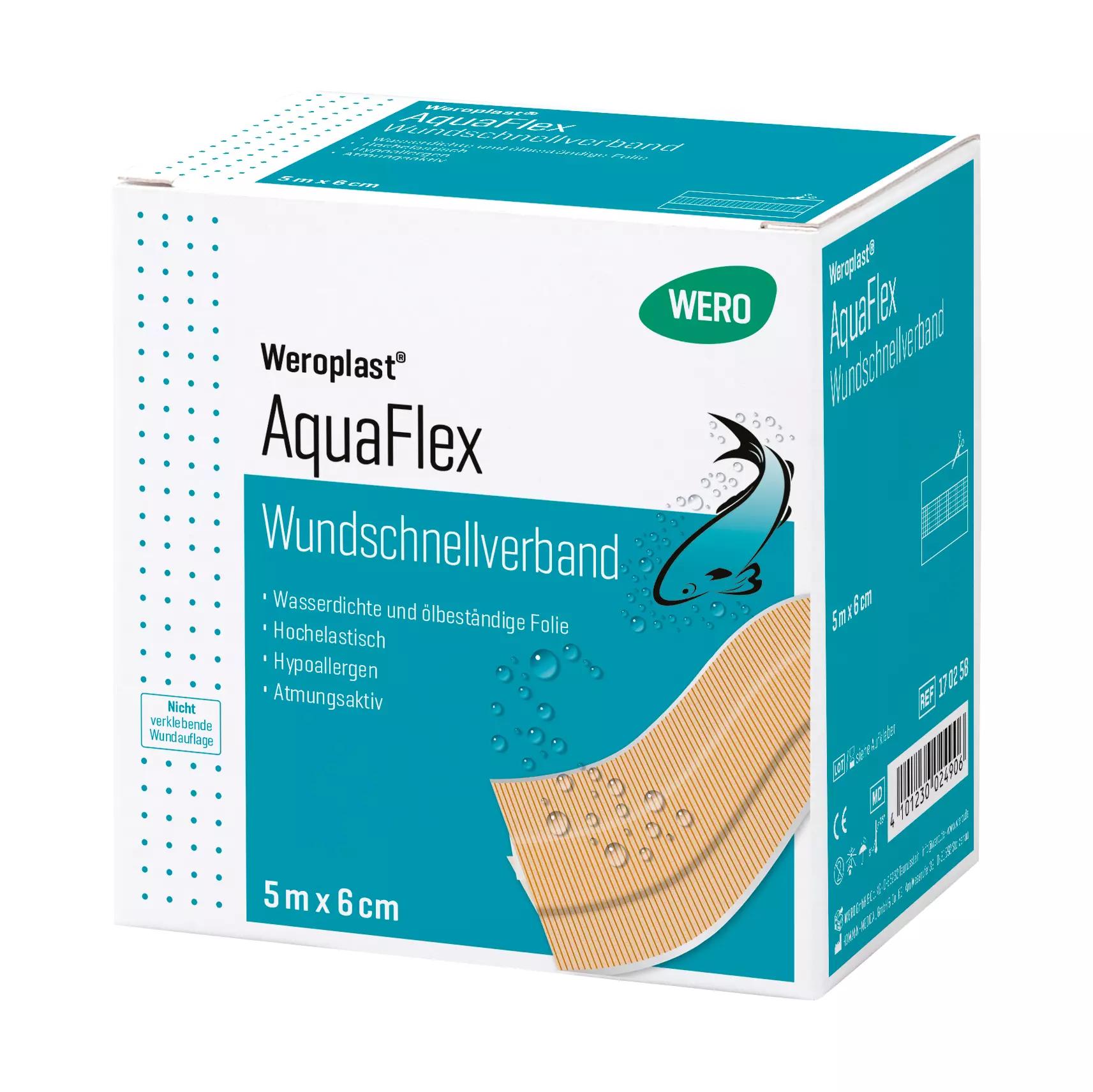 Eine Verpackung des Wundschnellverband Weroplast® AquaFlex zeigt die Produktangabe wasserdicht, hypoallergen und atmungsaktiv auf blauer Etikettierung.