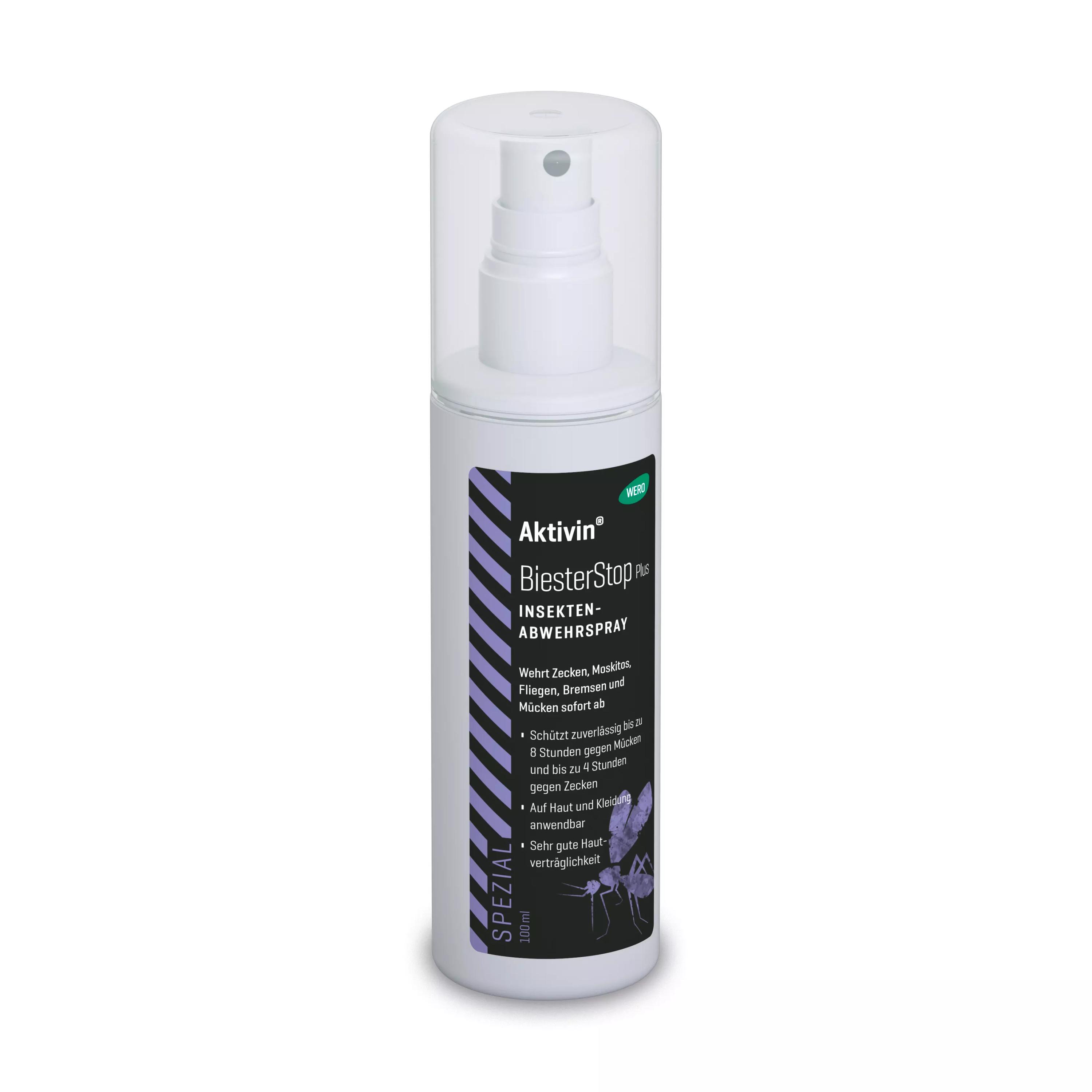 Weiße Sprühflasche Aktivin® BiesterStop Plus, 100 ml, mit schwarzem Etikett, lila Akzenten und Blütenmotiven, silberner Kappe und weißer Sprühpumpe.