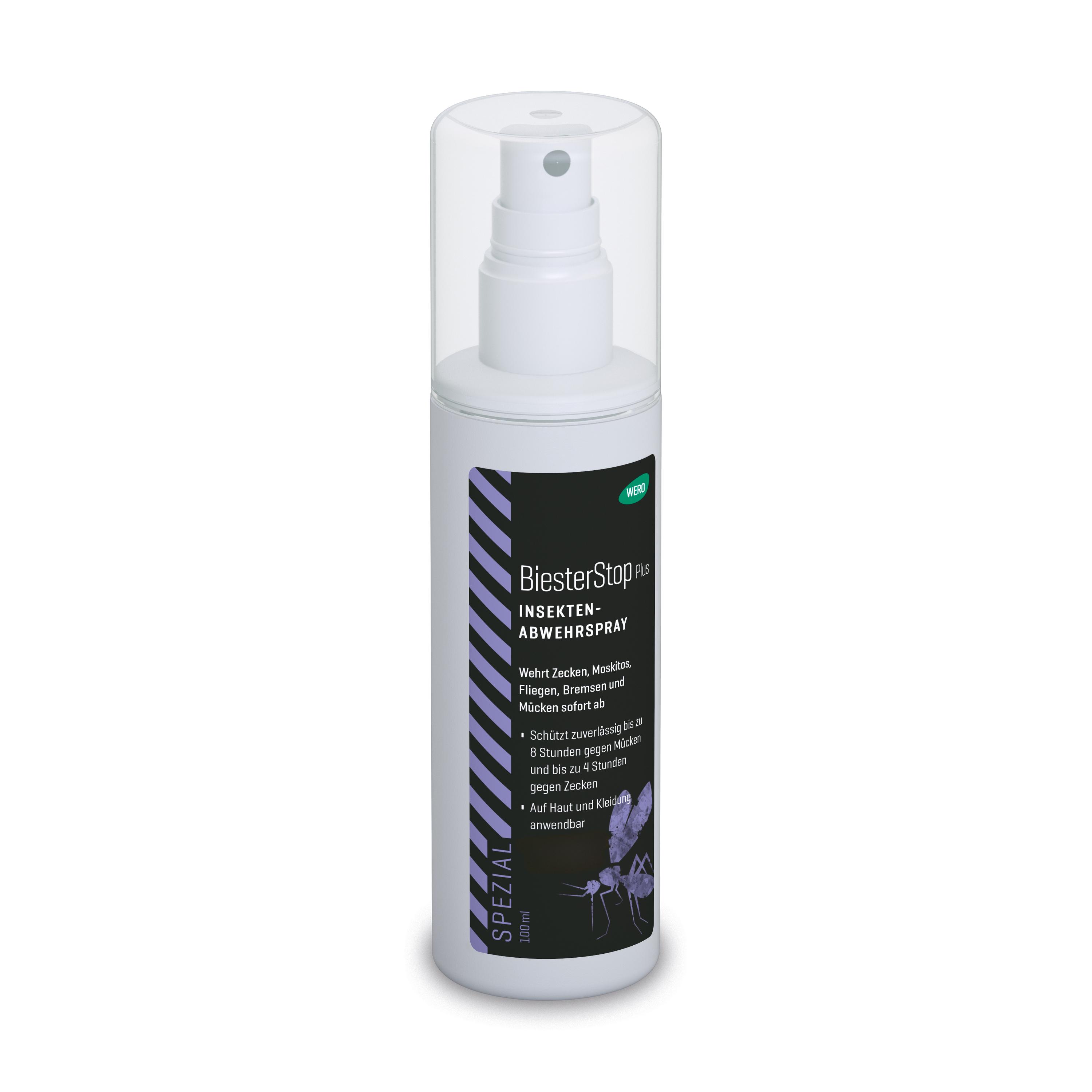 Weiße Sprühflasche Aktivin® BiesterStop Plus, 100 ml, mit schwarzem Etikett, lila Akzenten und Blütenmotiven, silberner Kappe und weißer Sprühpumpe.