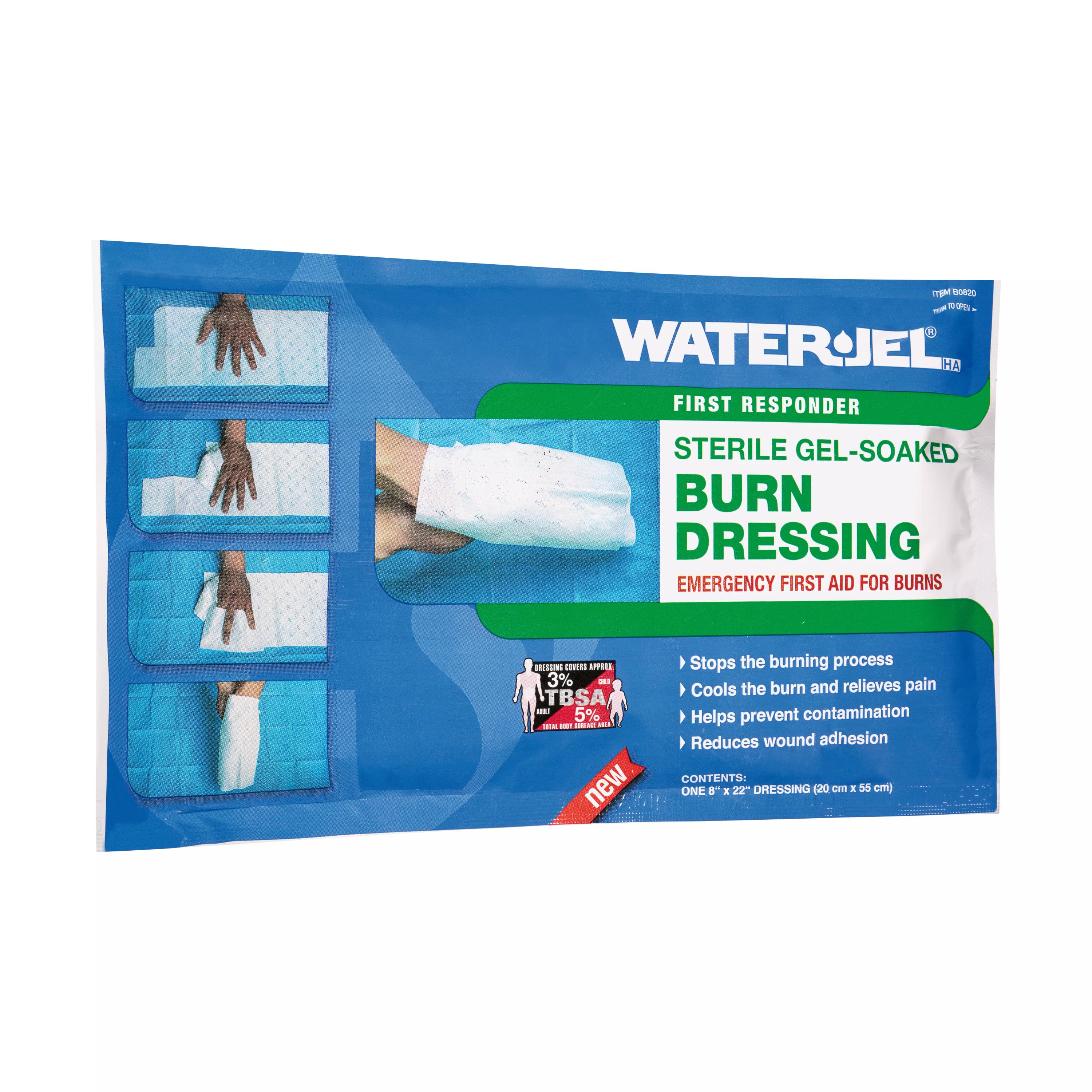 Sterile WATER-JEL® HA First Responder Handkompresse im Beutel mit Anwendungsbeispielen, für isoliertes Verbinden verbrannter Finger, 20 x 55 cm.