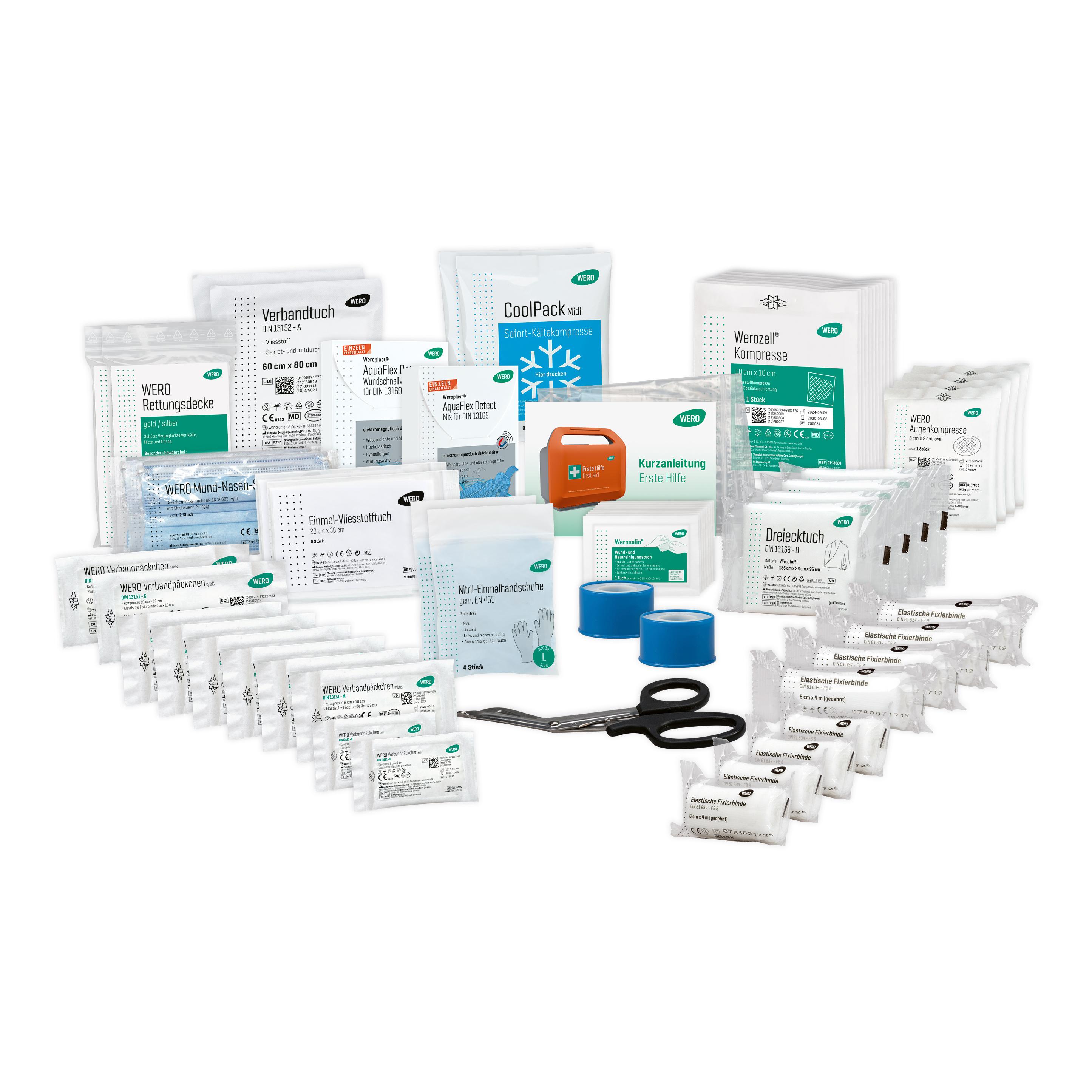 WERO Basis Füllung DIN 13169, detektierbar, mit sortierten, detektierbaren Pflastern, Schere und diversen Verbandmaterialien in einem aufgeräumten Set.
