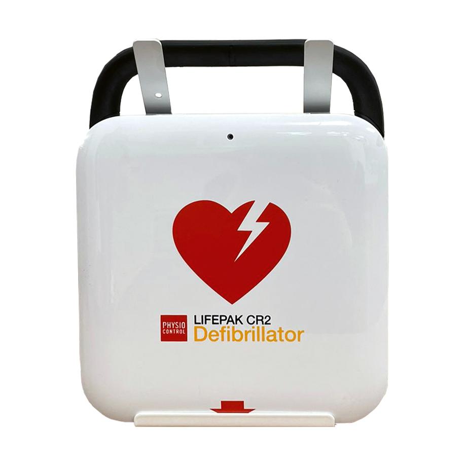 Weiße Wandhalterung für Defibrillator LIFEPAK CR2 mit schwarzem Handgriff, rotem Herzsymbol und deutlicher Gerätebeschriftung auf der Front.