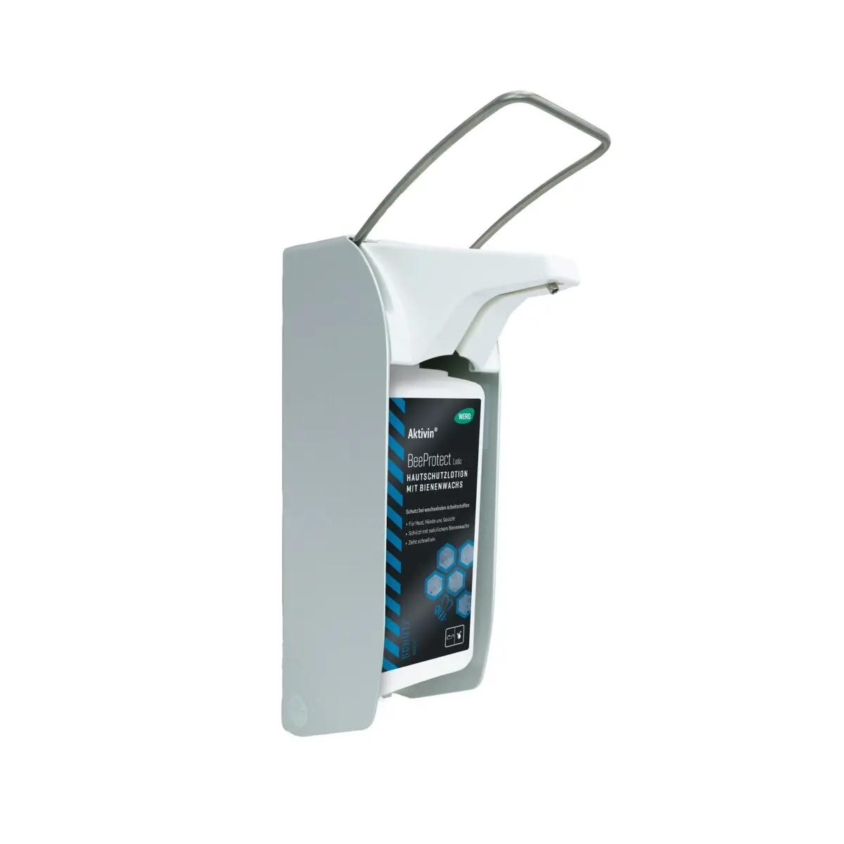 Ein ALU-Direktspender für Flüssigseifen und Lotionen – 1.000 ml, weißes Gehäuse, Metallgriff, Edelstahlpumpe, wandmontiert.