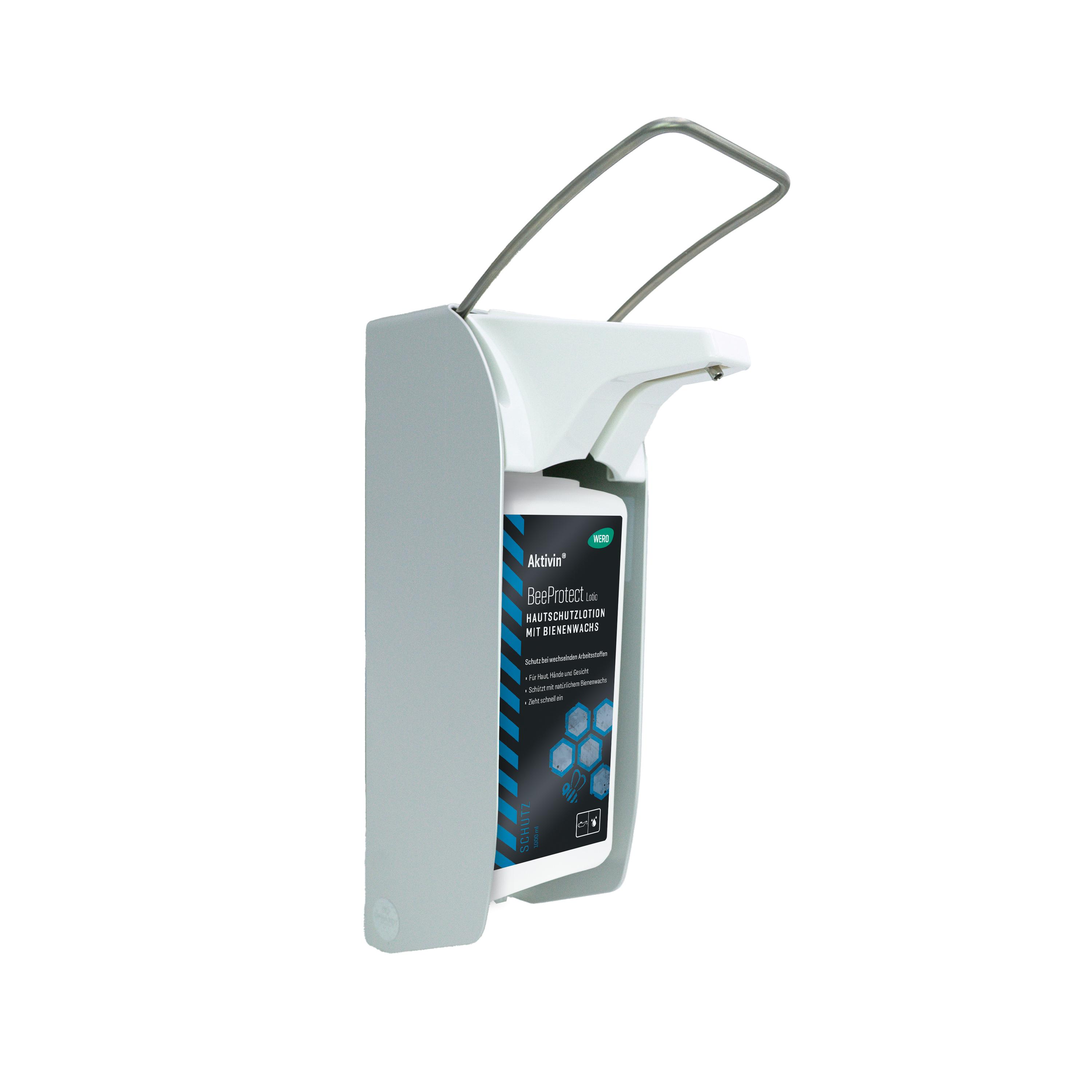 Ein ALU-Direktspender für Flüssigseifen und Lotionen – 1.000 ml, weißes Gehäuse, Metallgriff, Edelstahlpumpe, wandmontiert.