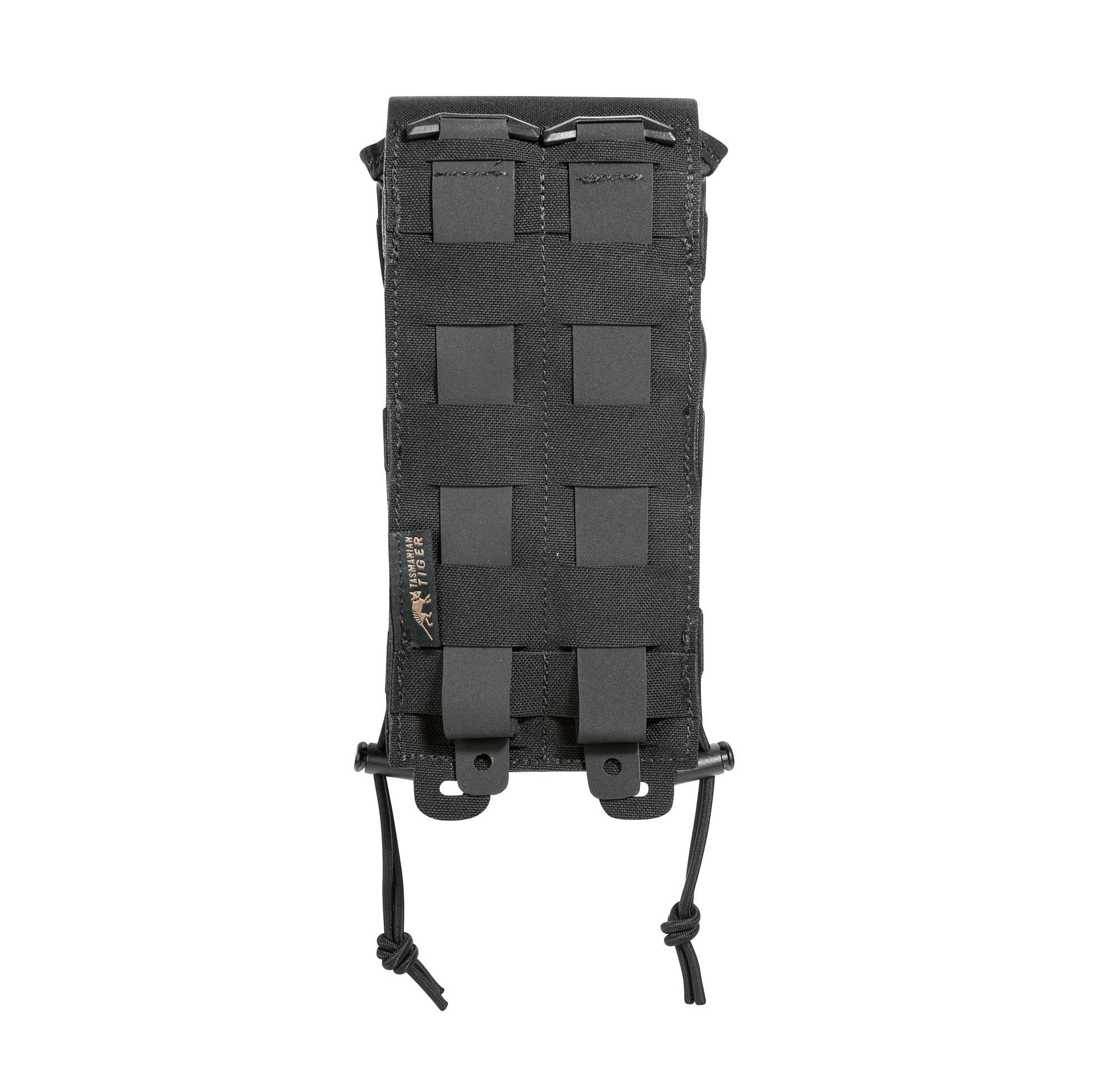 Schwarze TT IFAK Pouch Vertical aus robustem Gewebe mit rechteckigen Nähten, vier justierbaren Riemen und zwei abstehenden Kordeln unten.