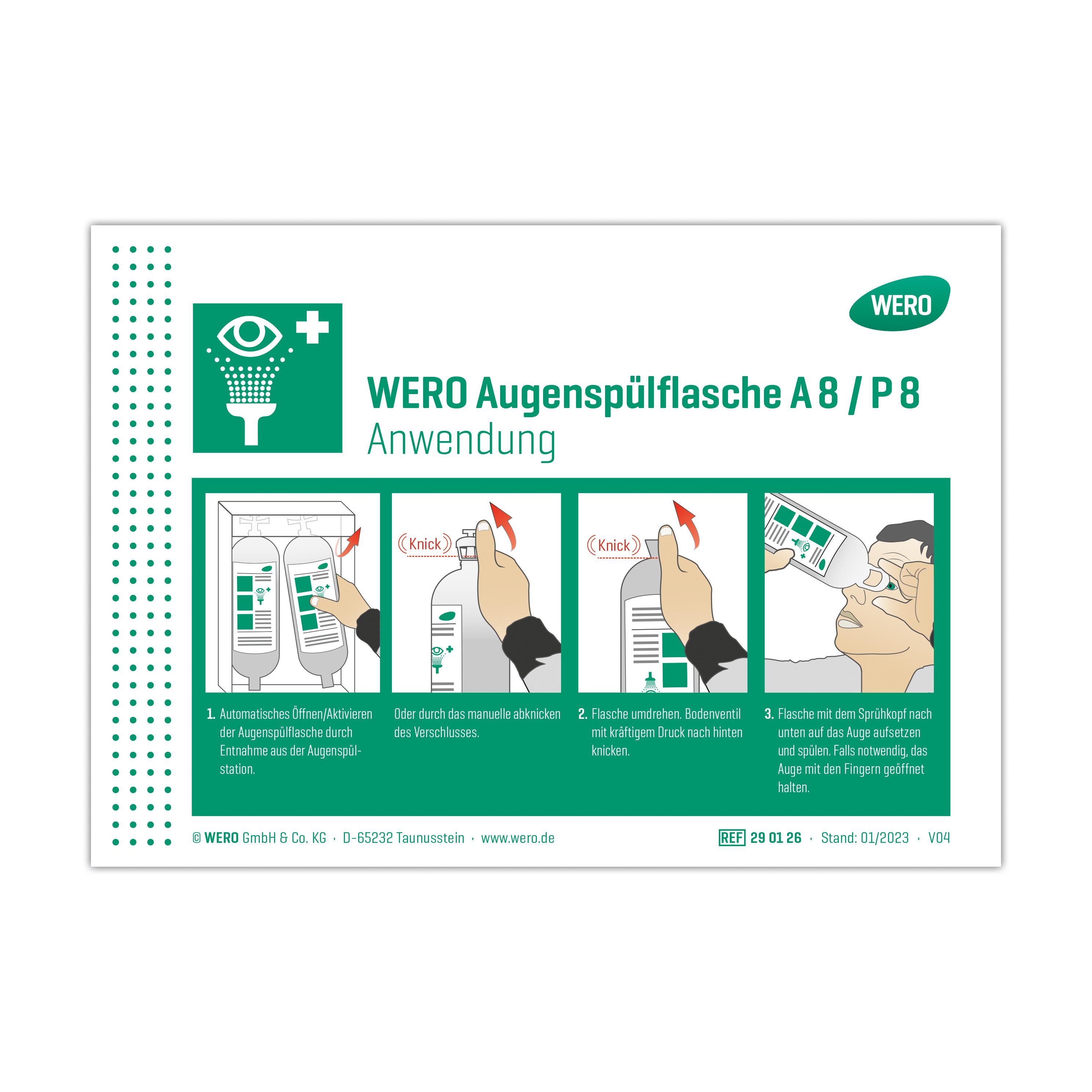 Anleitungsschild WERO Schild: Anwendung Augenspülflasche Modell P 8 / A 8 mit vier bebilderten Schritten und gut lesbarem Text in Deutsch.