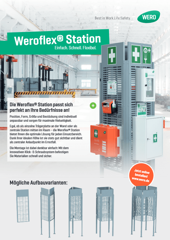 Anzeige der Weroflex Station, einer ergonomischen Arbeitsstation für Sicherheitsanwendungen mit Notfallbox, Hinweisschild und Sprayflasche.